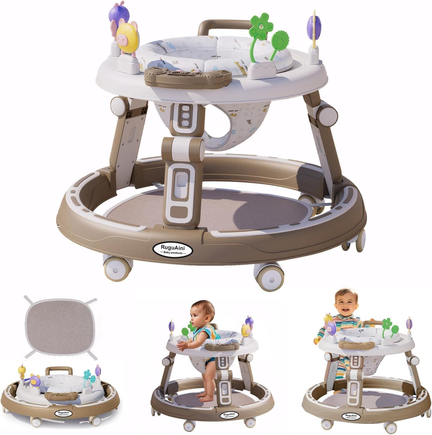 BOOM Baby Walker, 360° Rotating Seat Toddler Walker for 6–24 Months – Foldable, Adjustable Height with Music & Silent Wheels – مشاية أطفال قابلة للطي بزاوية 360 للأطفال من 6 إلى 24 شهرًا (Khaki)