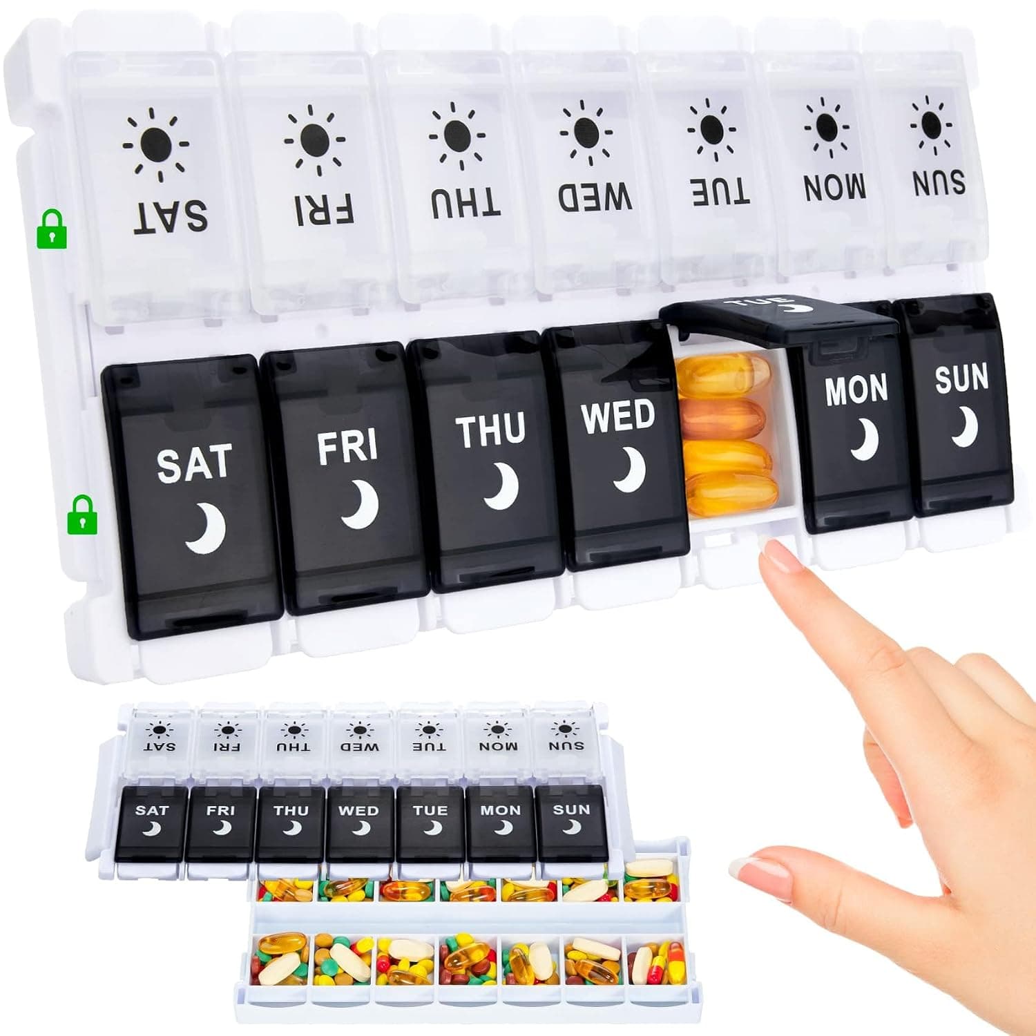 Upgrade Weekly Pill Organizer 2 Times a Day Easy Fill Design, 7 Day Pill Box am pm with Push Button, Morning Night Pill Holder 14 Large Compartments for Fish Oil,Vitamins, Medication and Supplements