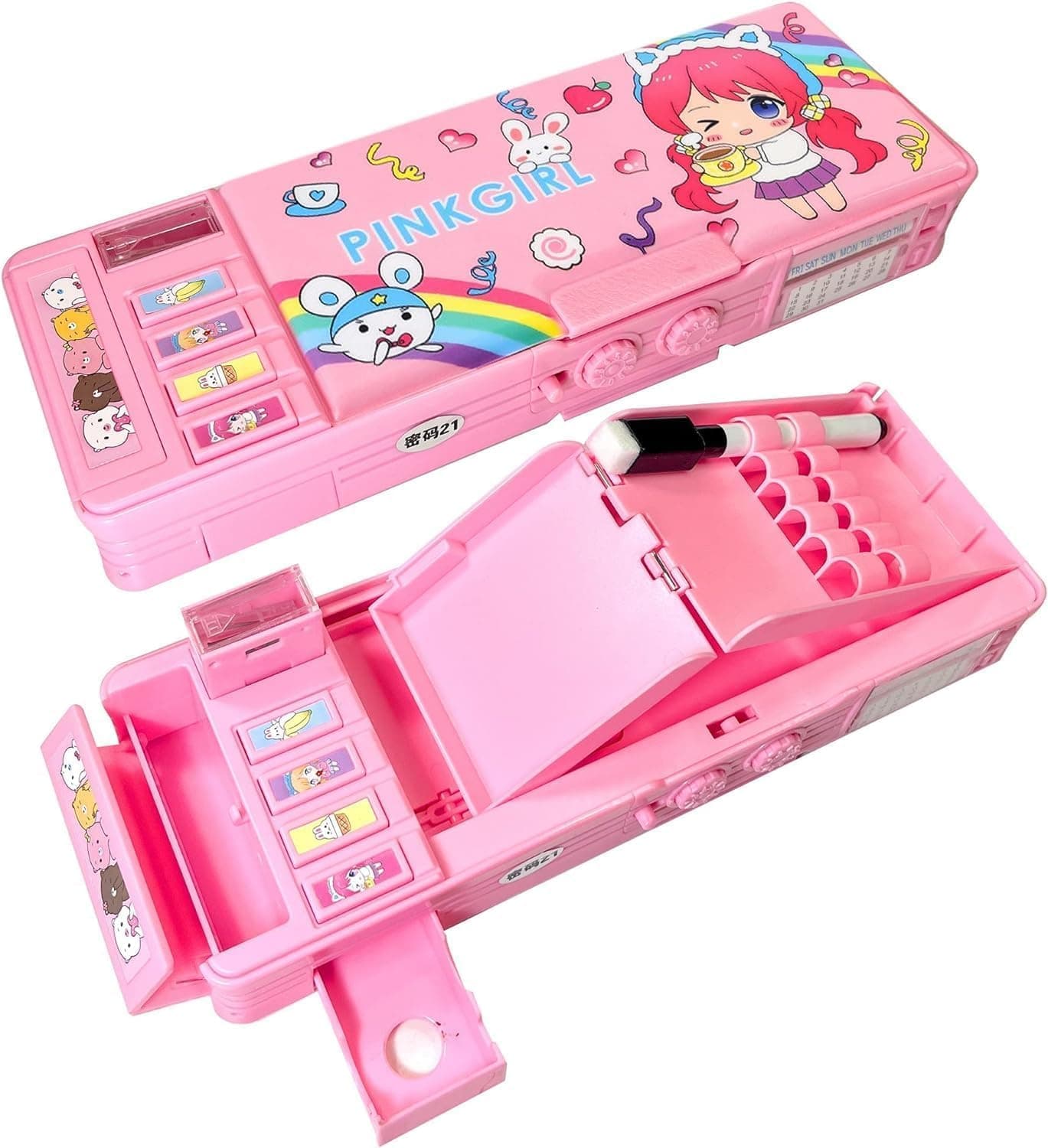 Pop Up Multifunction Pencil Case for Girls, Cute Cartoon Pen Box Organizer Stationery with Password Lock, Sharpener, calendar, Whiteboard, School Supplies, Best Birthday Gifts for Kids Teens