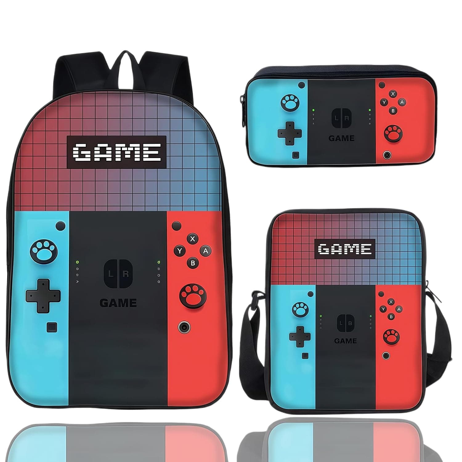 3Pcs Gaming School Bag Set for Boys, Gaming Kids Rucksack Boys Backpack, Crossbody Bag, Pencil Case, Large Capacity Backpack for Students Back to School Supplies Gamer Gifts for Boy Game Lover
