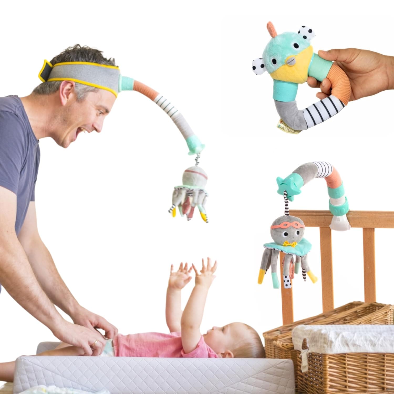 DINGLE DANGLE - Baby Gift Set - 3 in 1 Diaper Changing Helper Headband, Baby Mobile, & Sensory Rattle. Newborn Essentials Must Haves - Great Baby Registry or Shower Gift - Featured on Shark Tank