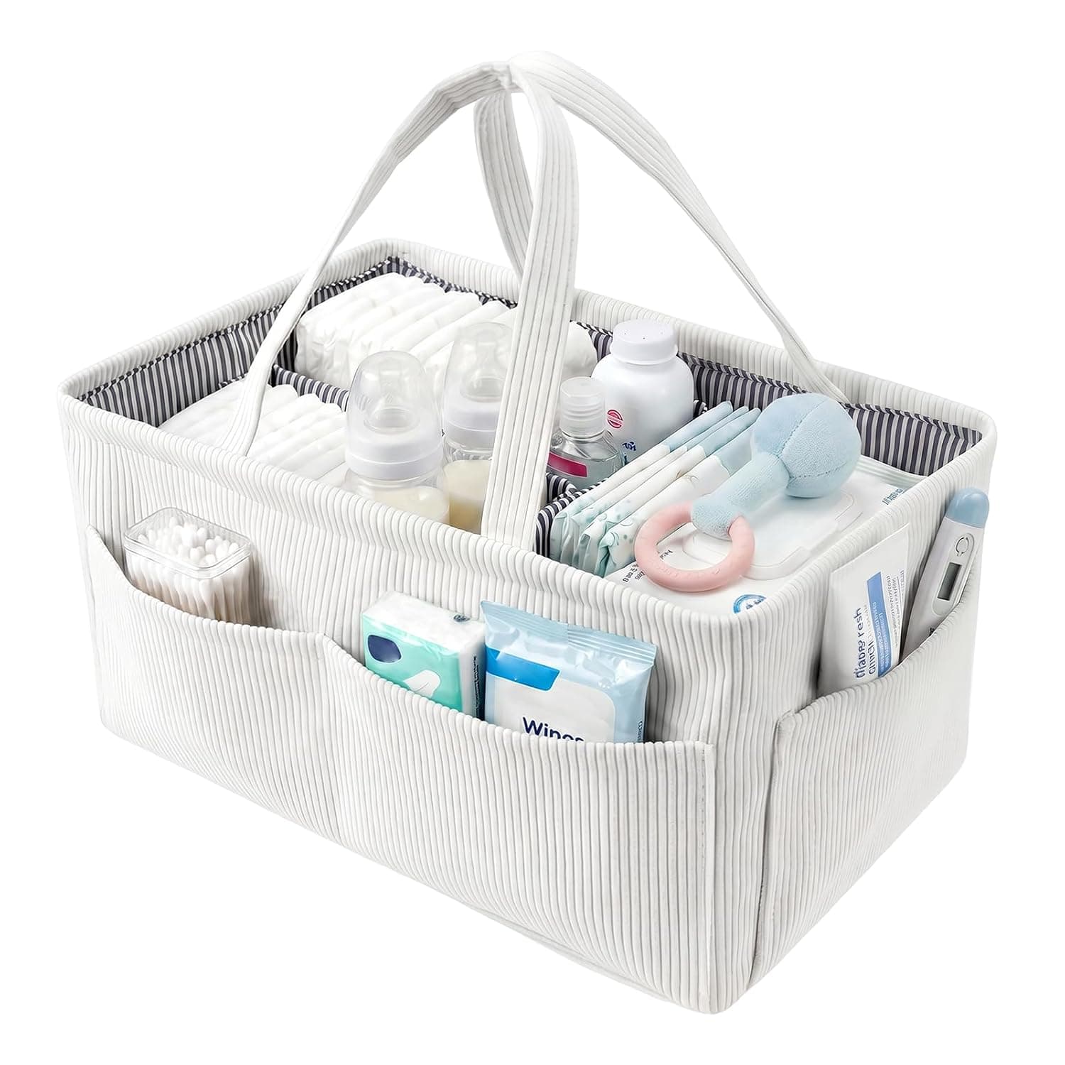 Baby Nappy Caddy Organiser, Portable Nursery Storage Basket with Handle and Detachable Compartments, Newborn Essentials Baby Basket Shower Gifts for Boys Girls(Off-white)