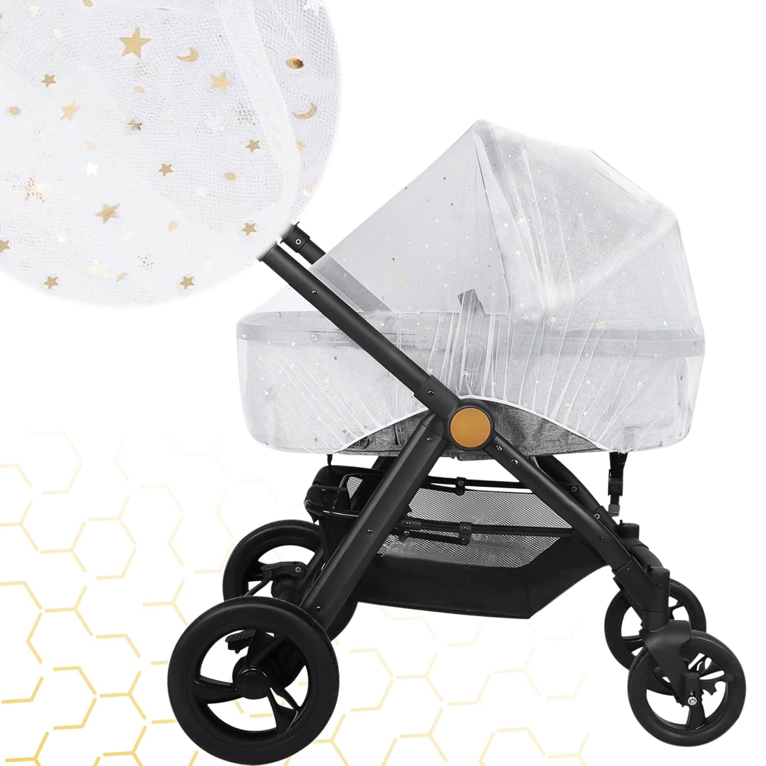 Mosquito Net Pram with Star Pattern, Insect Protection Pram Universal Outdoor, Mosquito Net Pram Thanks to Fine Mesh Fabric, Tear-Resistant and Washable, Fly Net Pram Children White