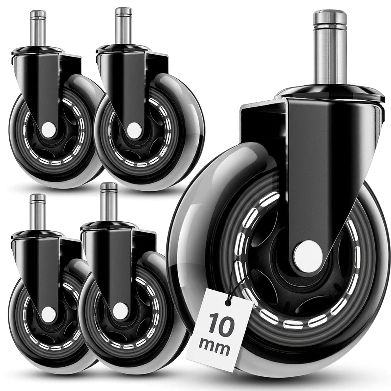 Ediesi, Silicone Office Chair Wheels (Set of 5) - Quiet & Smooth Running Wheels for Office Chairs - Universal Replacement 10 x 22 mm - Suitable for Parquet Floor, Steel Construction