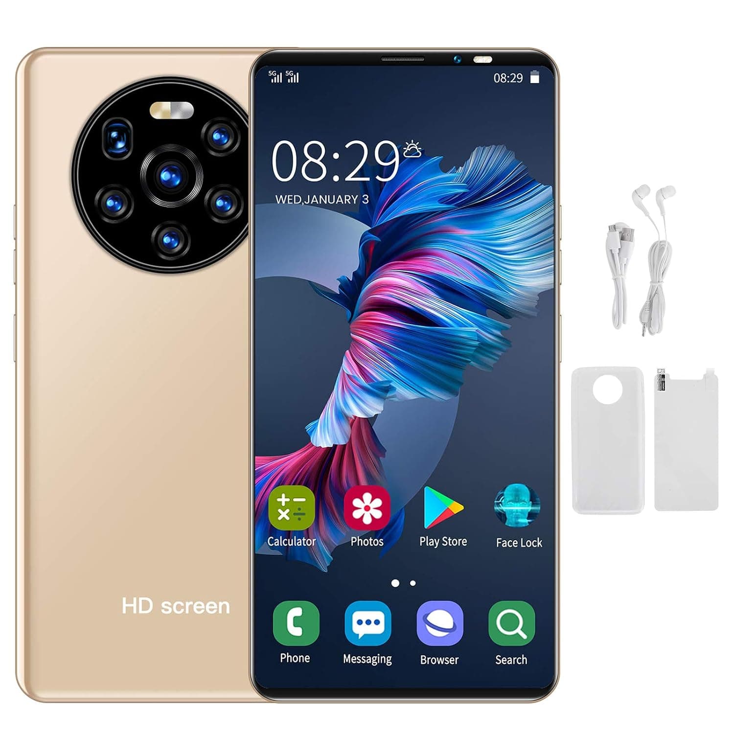 Unlocked Cell Phones, 5.45In HD Screen Phone Dual Card Dual Standby Smart Phone, 1GB RAM + 8GB ROM, up to 128GB of Expandable Storage, Face Recognition and Fingerprint Unlocking(Gold)