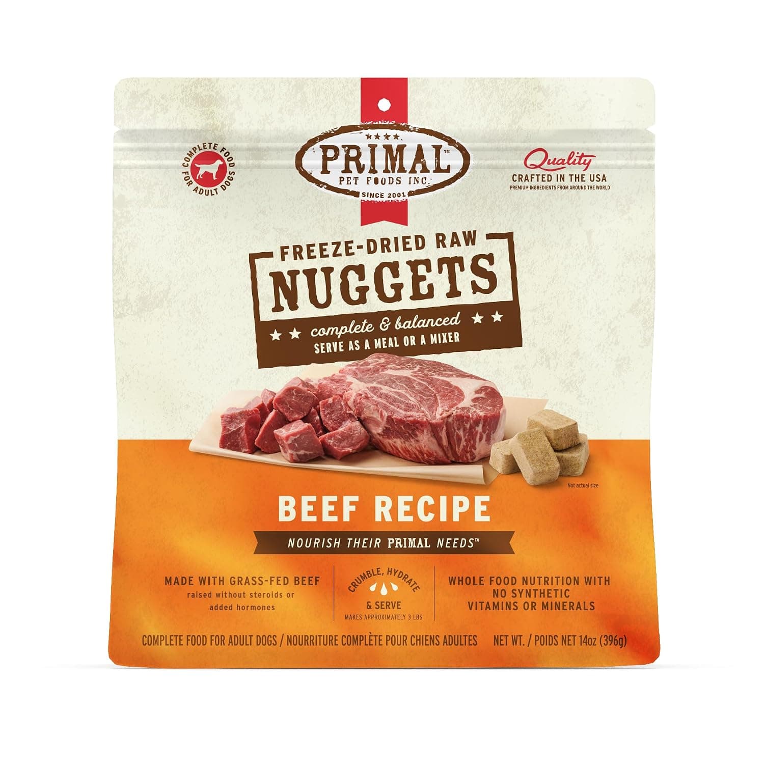 Primal Freeze Dried Dog Food Nuggets, Beef; Complete & Balanced Meal; Also Use as Topper or Treat; Premium, Healthy, Grain Free, High Protein Raw Dog Food, 14 oz