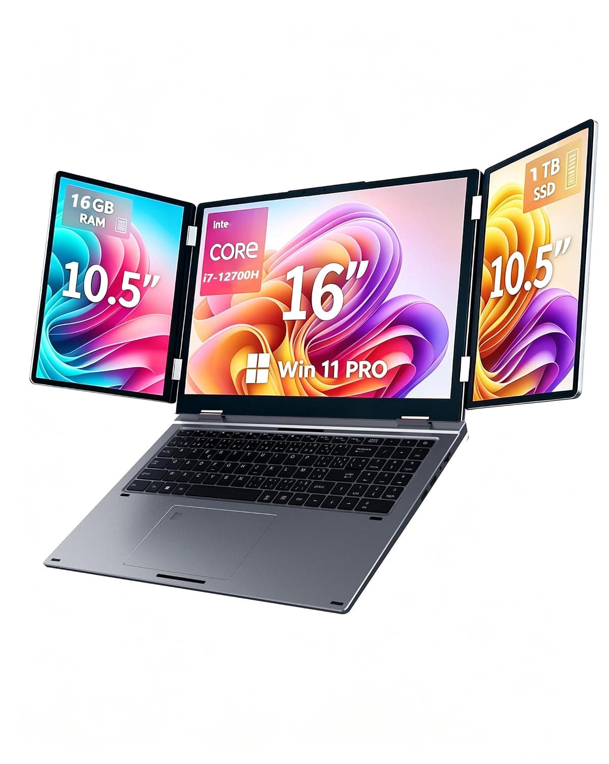 Triple Screen Laptop, 16" Main + Dual 10.5" Monitors, Core i7-12700H | 16GB RAM, 1TB SSD, Win 11 Pro, Wi-Fi 5, BT 5.0, Face & Fingerprint Unlock, USB-C, HDMI