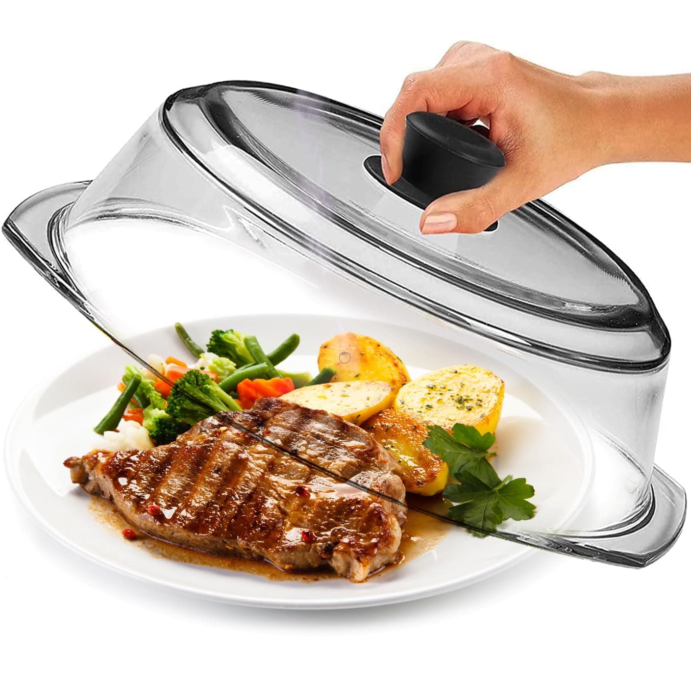 Tall Glass Microwave Splatter Cover for Food - Cookware & Bakeware Serving Dish Cover, Plate Splatter Guard Lid with Easy Grip Silicone Handle Knob - 100% Food Grade BPA Free & Dishwasher Safe - 10in.