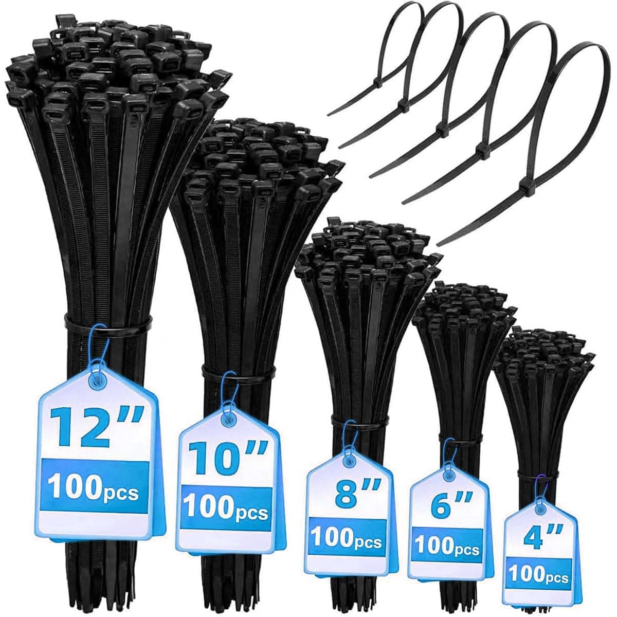 اربطة كيبلات نايلون ذاتية الغلق 500 قطعة، 5 مقاسات (10/15/20/25/30 سم) عرض 3.6 ملم، قوة شد 18 كغم، اربطة سوداء شديدة التحمل لتنظيم الاسلاك الكهربائية في الاماكن المغلقة والمفتوحة
