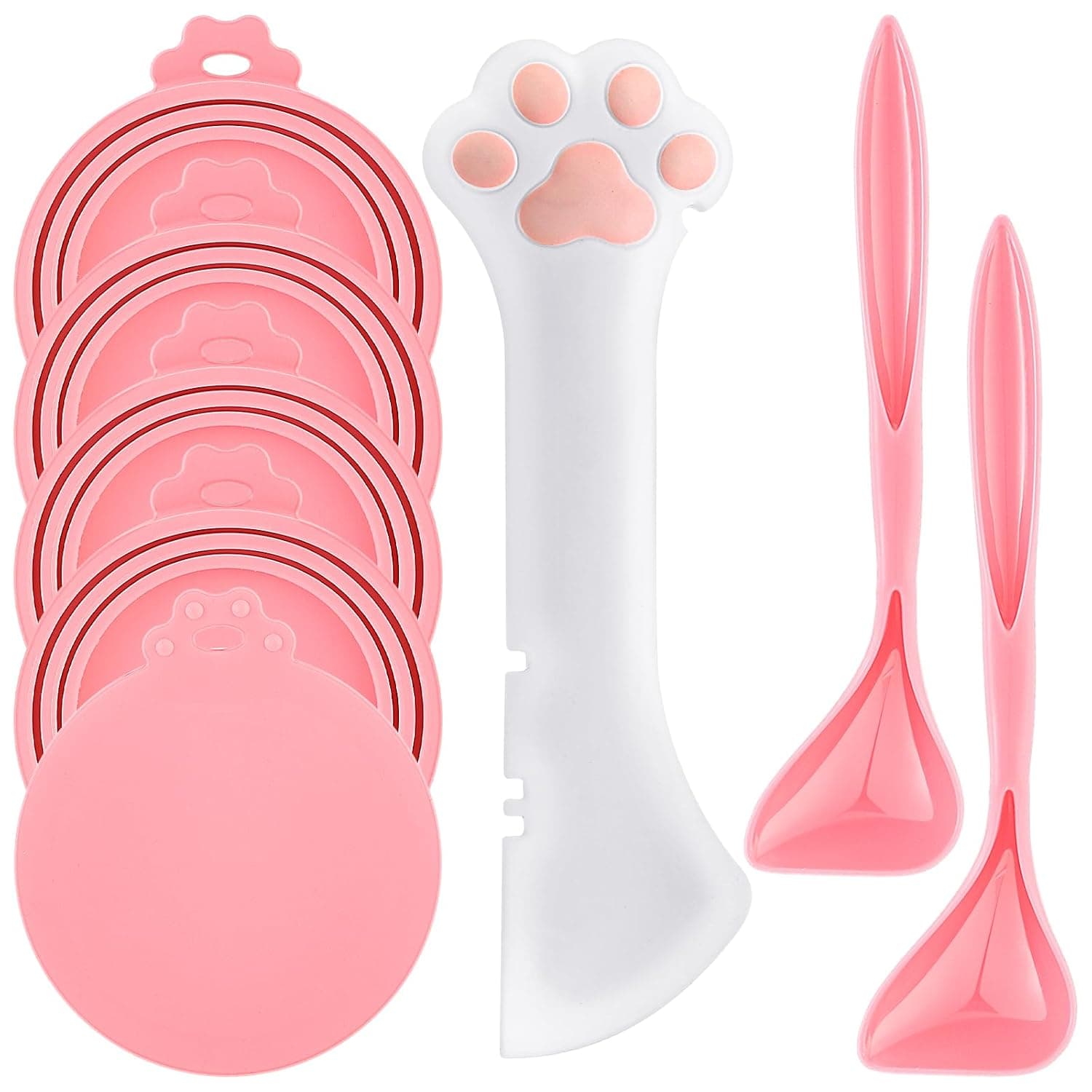 Uiifan 8 Pcs Cat Food Can Covers Lids Set, Silicone Pet Food Can Lids with Multi-Function Cat Foods Spoon and Opener, Silicone Wet Foods Spoon for Cats and Dogs(Pink)