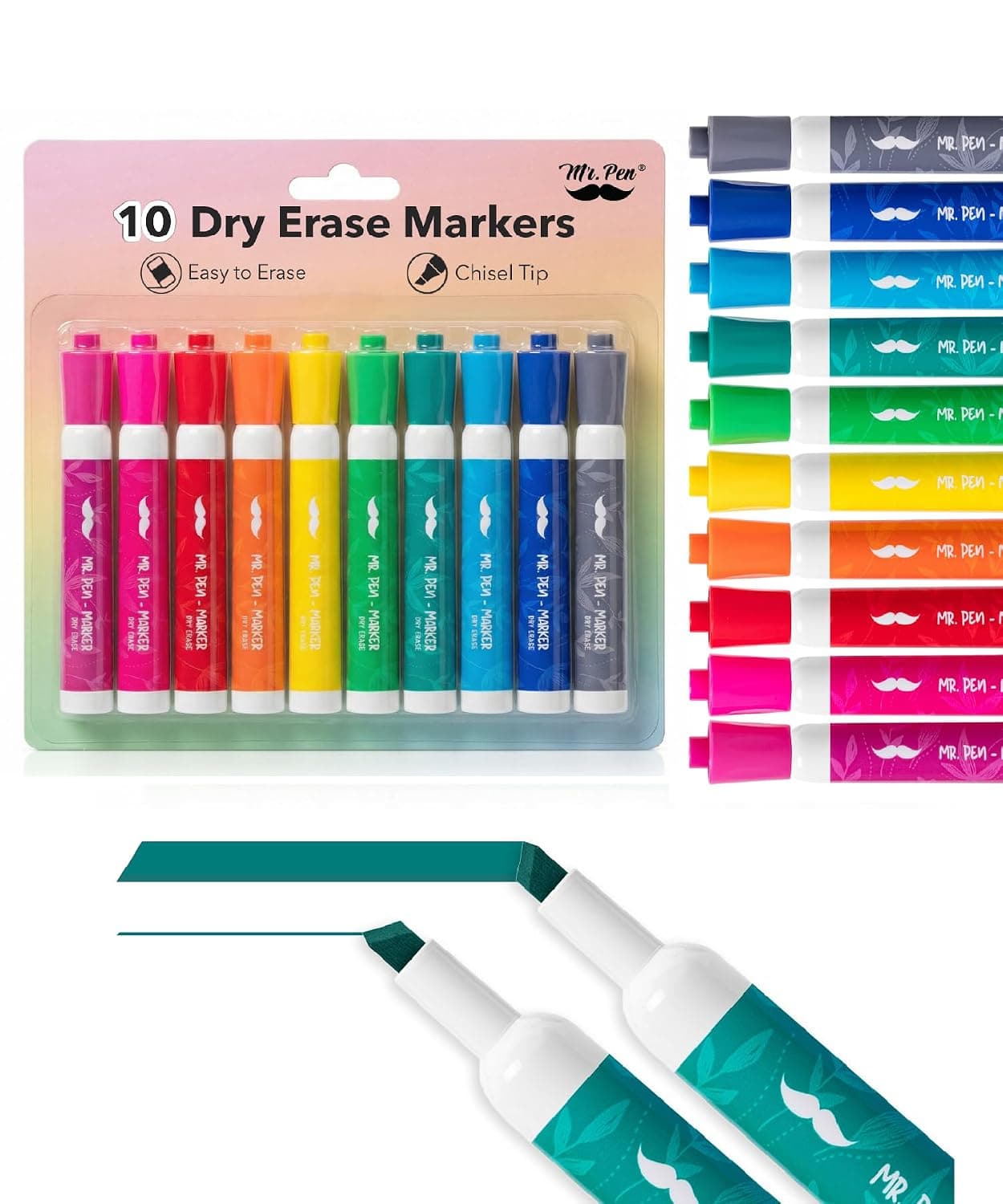 Mr. Pen- Dry Erase Markers, 10 Pack, Assorted Colors, Low Odor Ink, Chisel Tip, White Board Markers Dry Erase, Ideal for Classroom, Back to School Supplies, Teachers, Office, Whiteboard & Home