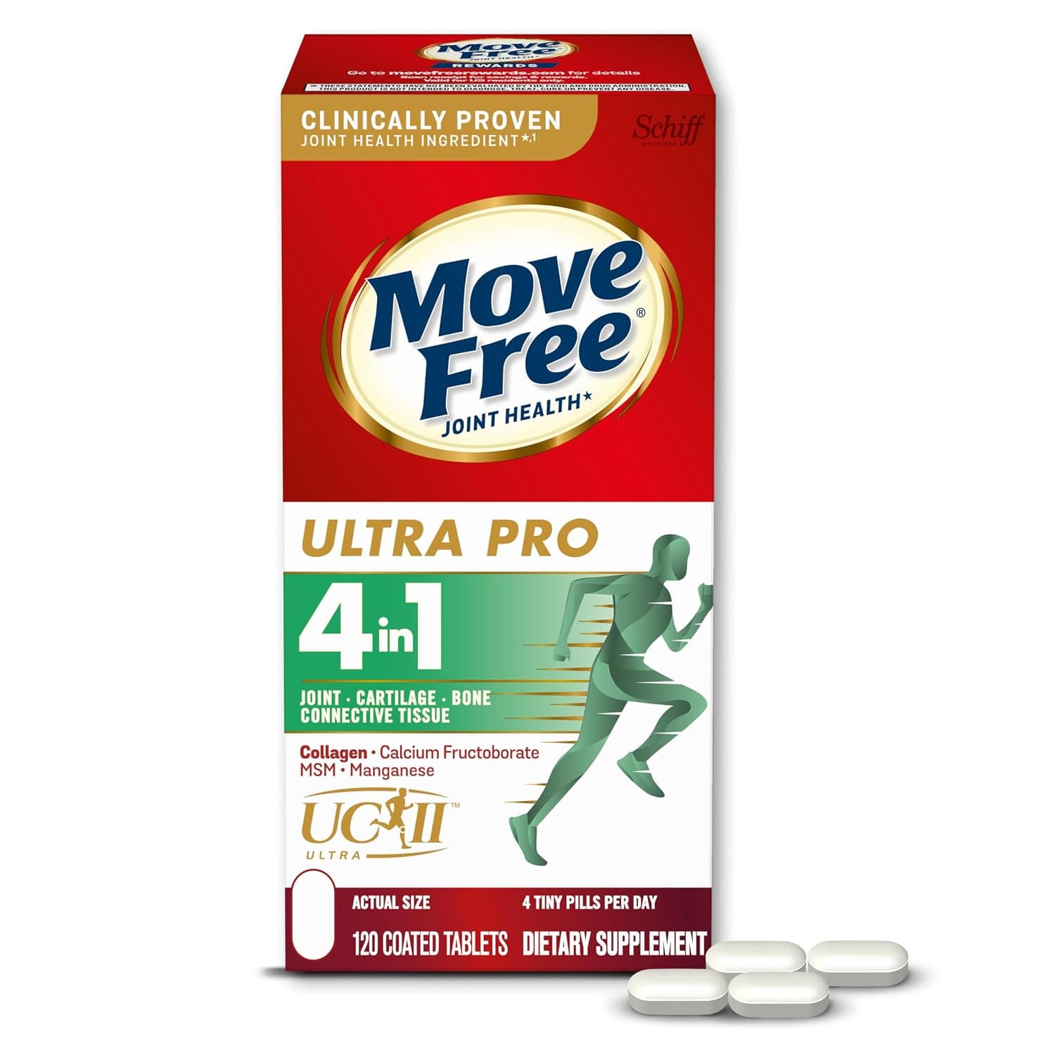 Move Free Clinically Proven Uniflex MSM Manganese Ultra Pro 4 in 1 Type II Collagen Joint Support Tablets (120 Count in a Box) | Quadruple Action, Type II Collagen MSM Calcium Fructoborate & Manganese, Supports Joint Cartilage Bone Connective Tissue
