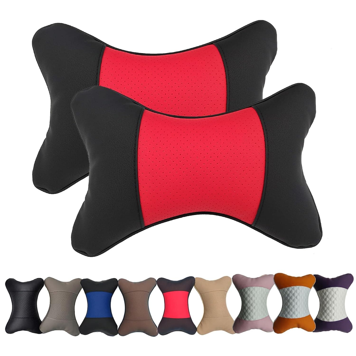 Car Neck Pillows Both Side Pu Leather 2pieces Pack Headrest Fit for Most Cars Filled Fiber Universal Car Pillow (Black&Red)