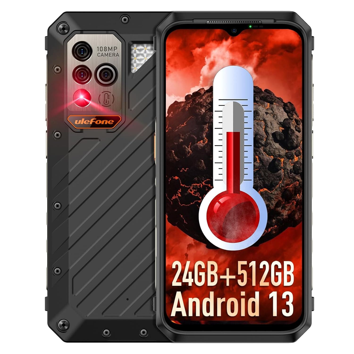 Ulefone 5G Rugged Phone, 24GB + 512GB Power Armor 18 Ultra Android 13 Smartphone, Thermometer, 108MP+32MP Camera, 9600mAh 66W Fast Charging, Wireless Charge, 6.58" Corning Gorilla Glass Screen, NFC