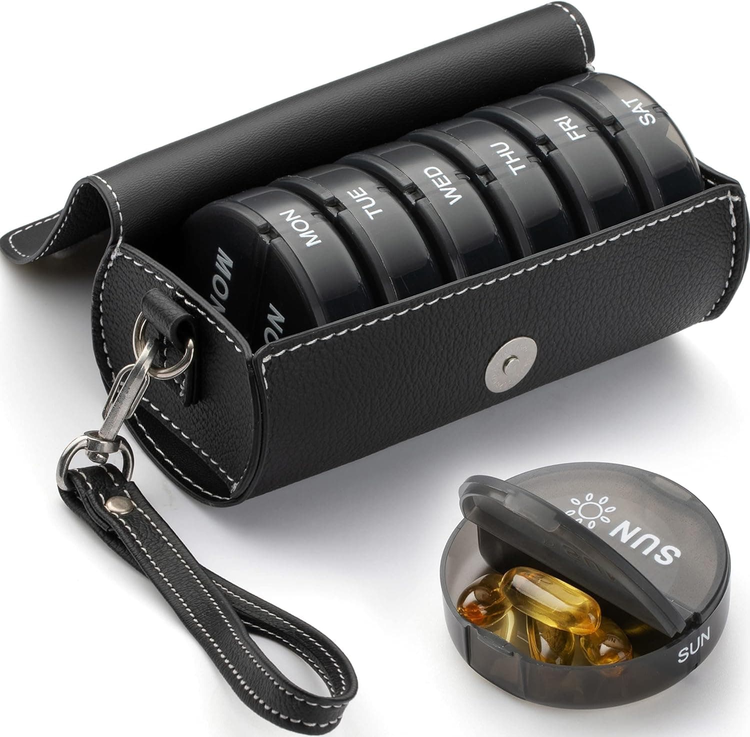 Weekly Pill Organizer 2 Times a Day,AM PM Large Daily Pill Box with PU Leather Case for Travel,Round Medicine Organizer,7 Day Pill Container for Vitamin Fish Oils Supplement-Black