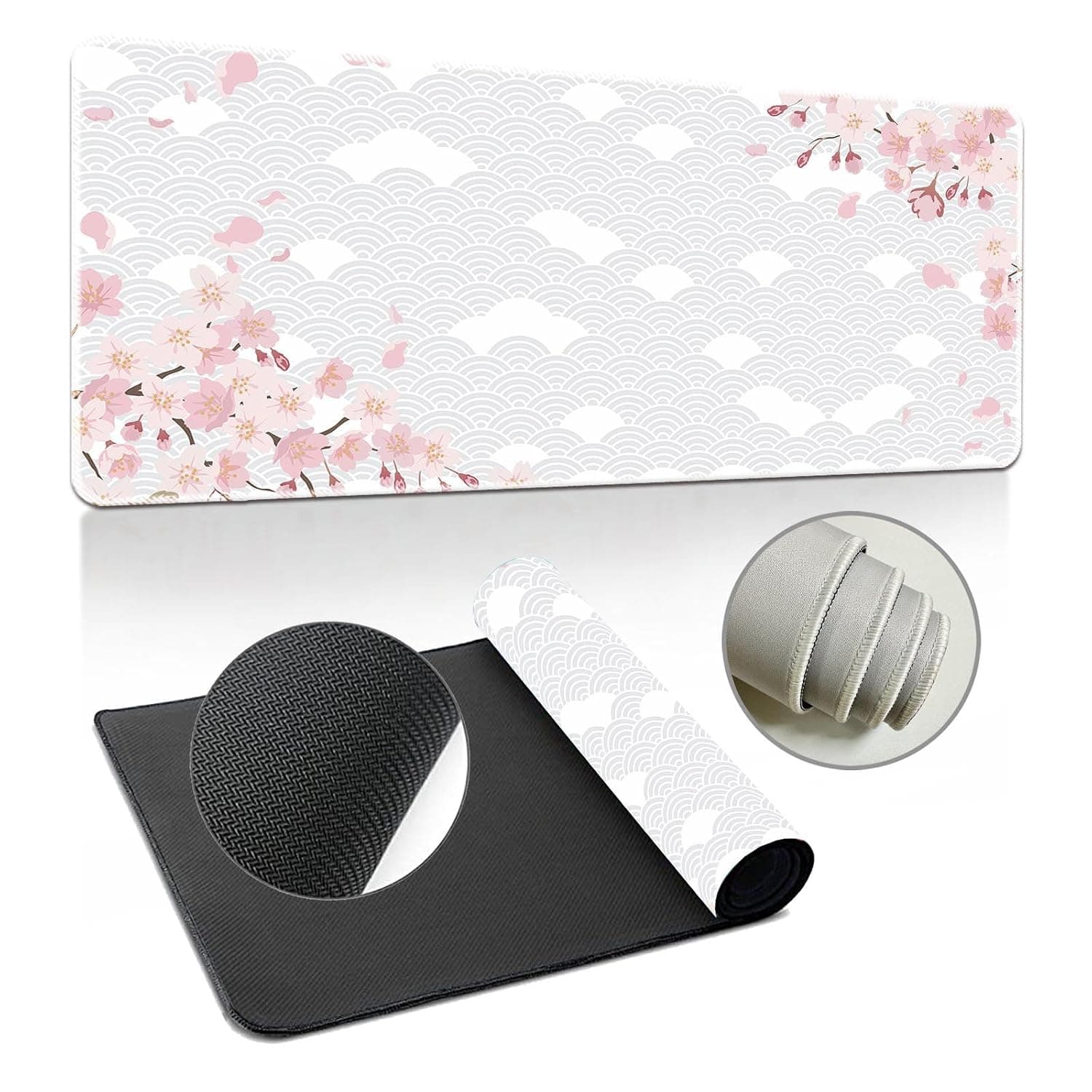3D Mouse Mat, Japanese Sakura Gaming Mouse Pad, Large Mouse Mat, Mousepad with Stitched Edges, Non-Slip Rubber Base Mouse Pads for Office & Home (White,1000x500x3mm)