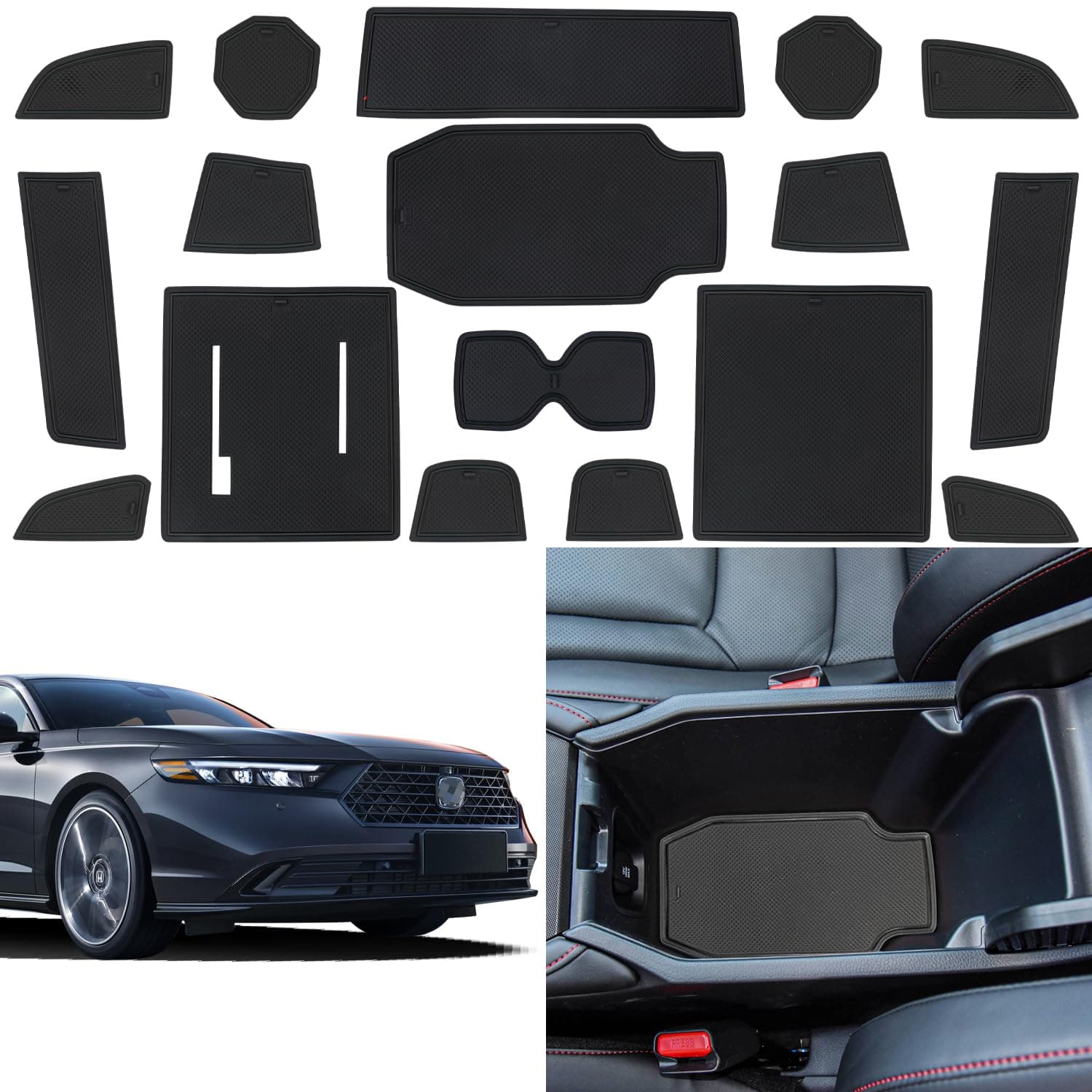 Center Console Liner Fit for Honda Accord Accessories 2023 2024 2025 Cup Holder Coaster Anti Dust Liner Door Pocket Pad Interior Trim Non-Slip Slot Mat Custom Rubber Insert, 17pcs (Black)