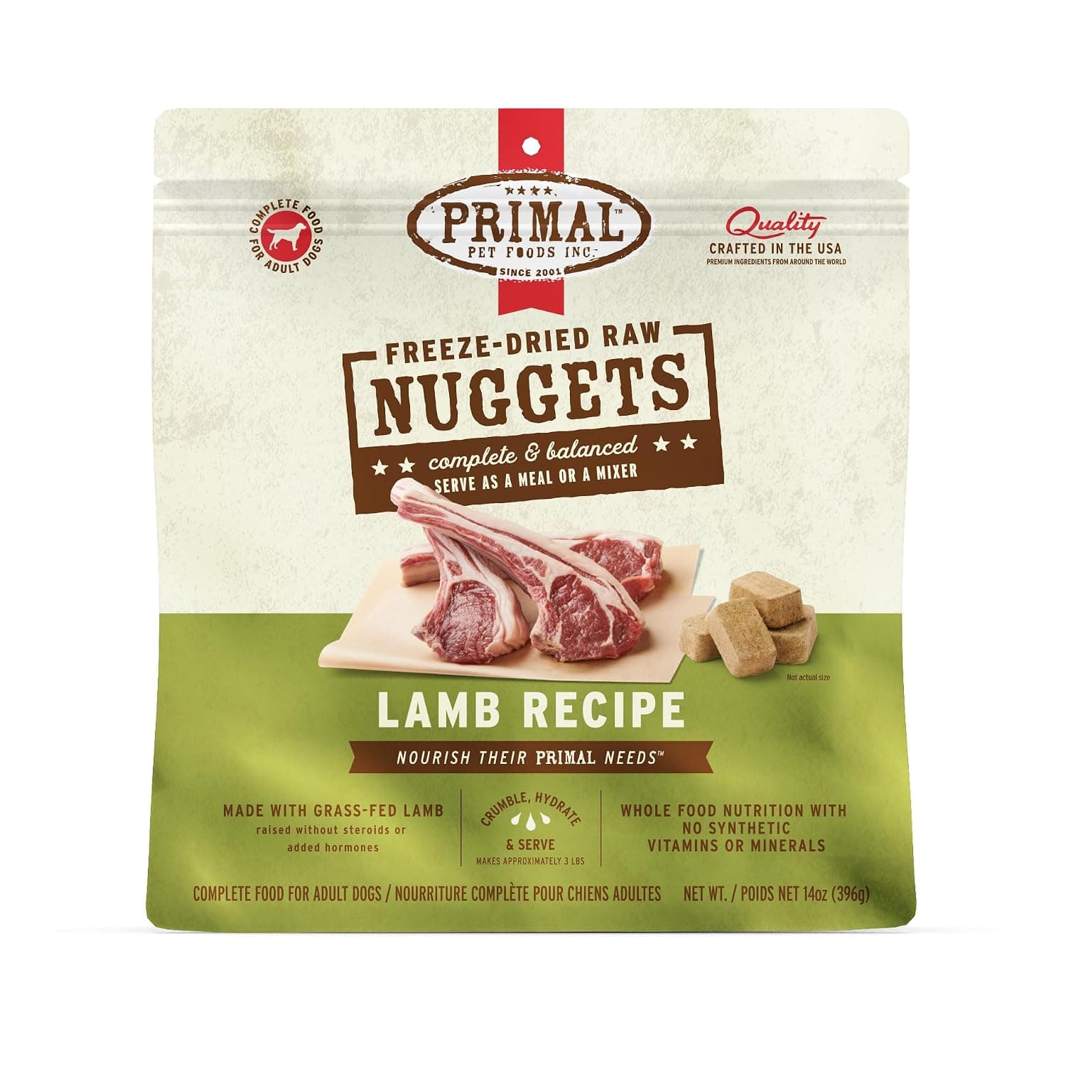 Primal Freeze Dried Dog Food Nuggets, Lamb; Complete & Balanced Meal; Also Use as Topper or Treat; Premium, Healthy, Grain Free, High Protein Raw Dog Food, 14 oz