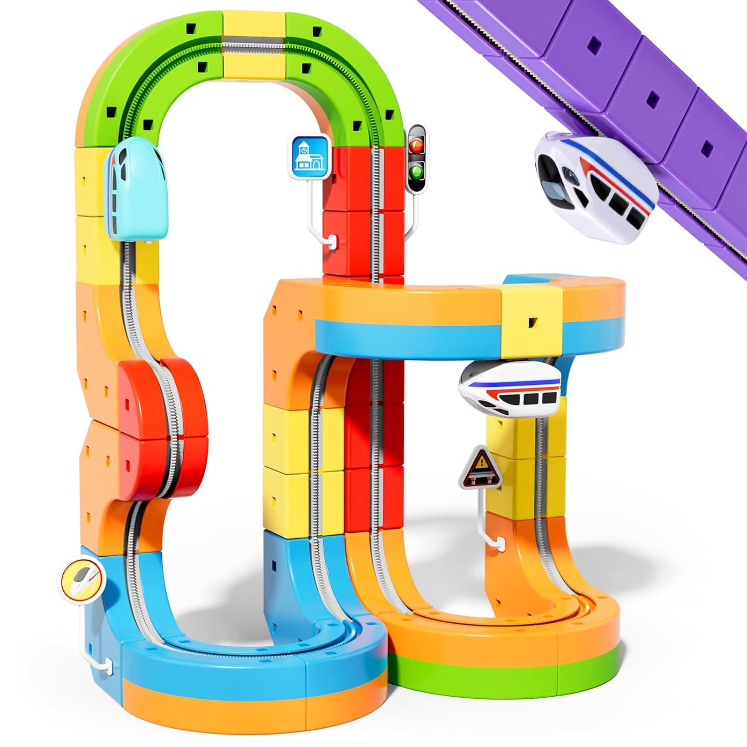 48 pcs KlickRail Electric Train Set Race Track for 3 4 5 6 7 8 Years Old | Building Toy Train Track Gravity-Defying 3D Embedded Layouts & Motorized Car, STEM Gift(Advanced Set(48 piece)