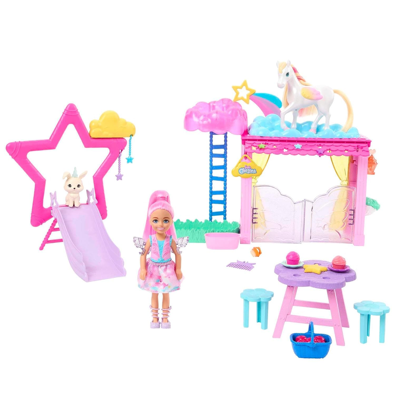 Barbie Chelsea Doll & Baby Pegasus Playset, Winged Horse Toys, A Touch of Magic Set with Stable, Small Doll, Pet Bunny & Accessories