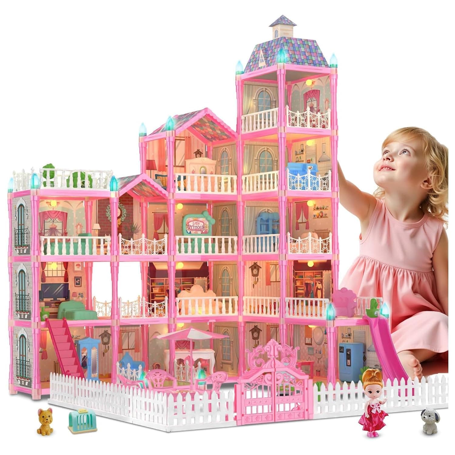 Doll Houses for Girls, DIY Playhouse Kit 5-Story 16 Rooms with Lights, Princess Dolls Toy Figures, Furniture and Accessories Set Gift Toy for Kids Ages 3 4 5 6 7 8+