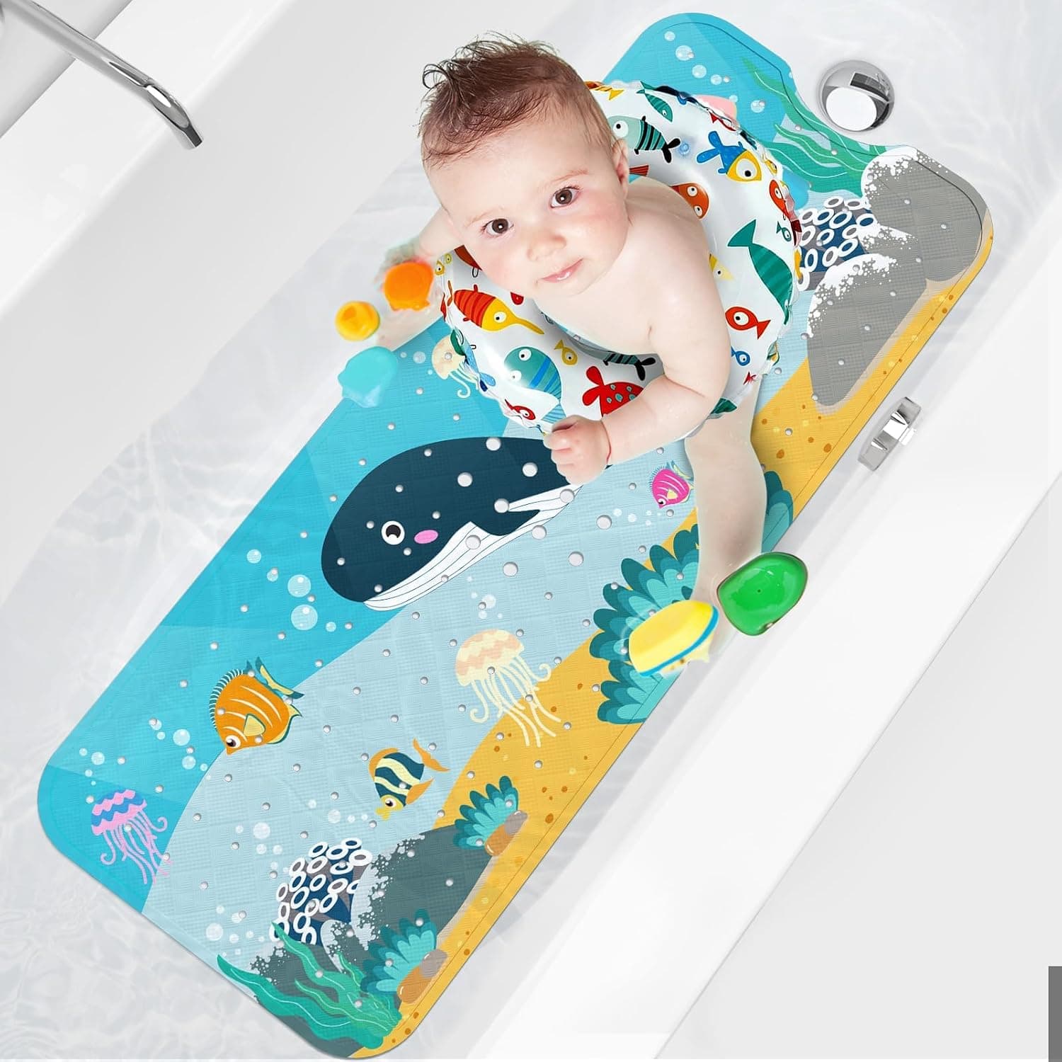 Baby Bath Mat for Tub for Kids, 40 X 16 Inch Extra Long Kids Bathtub Mat Non Slip, Cartoon Patterned Bath Tub Shower Mat Anti Slip with Suction Cups & Drain Holes, Machine Washable (Whale)