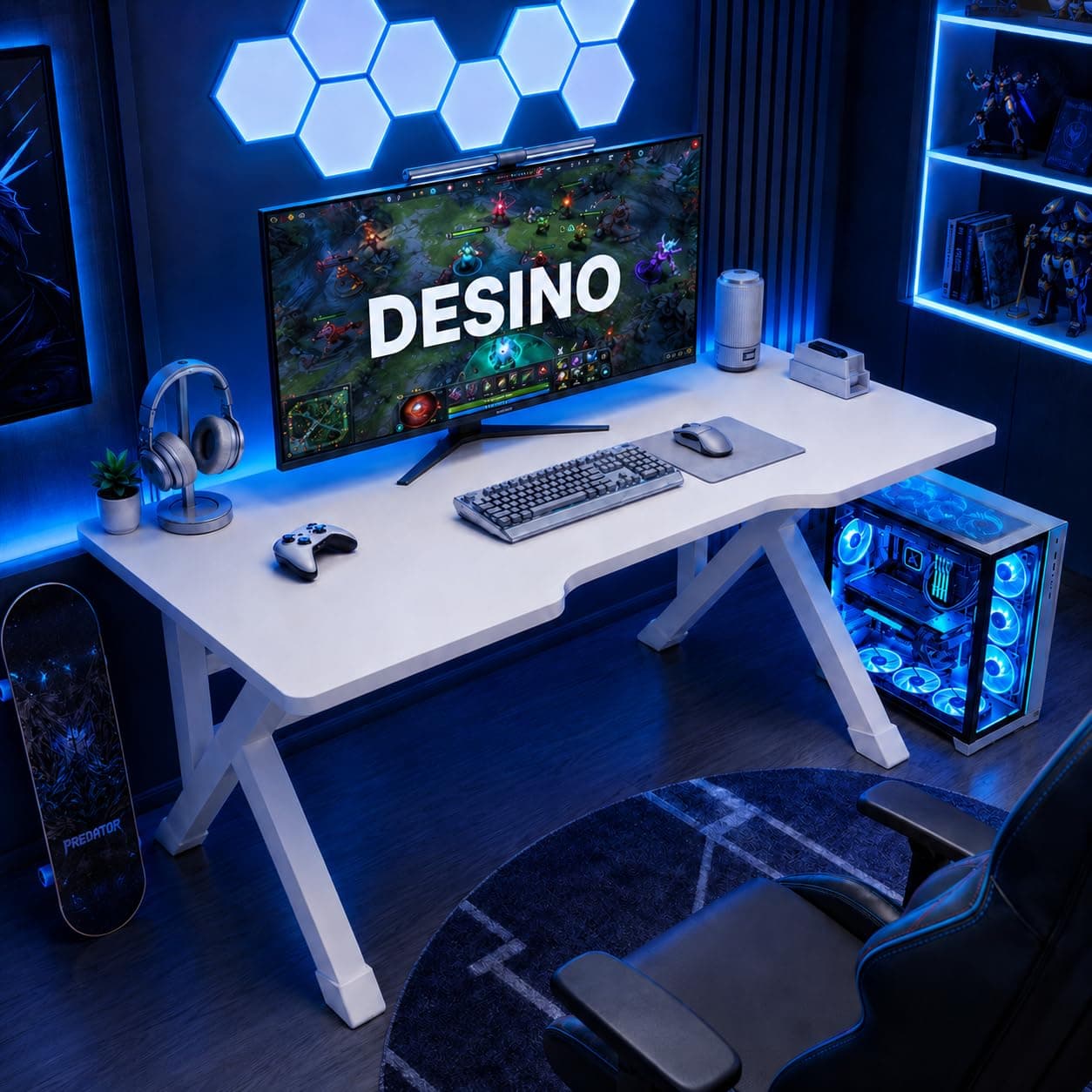 DESINO Ergonomic Large Gaming Desk, Computer Desk, K-Shaped Gaming Table, PC Game Workstation Home Office Desks, Space-saving (White,120CM)