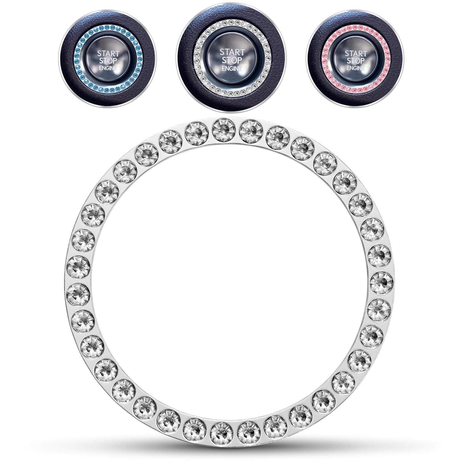 Bling Car Decor Crystal Rhinestone Car Bling Ring Emblem Sticker, Bling Car Accessories for Women, Push to Start Button, Key Ignition Starter & Knob Ring, Interior Glam Car Decor Accessory (Silver)