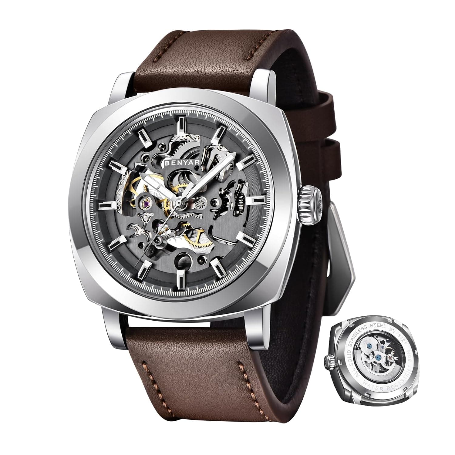 BENYAR Mens Watch Automatic Mechanical Wrist Watches Men Brown Leather Strap Sports Movement 45 mm Black Skeleton Dial 30M Waterproof Elegantt Gift for Men