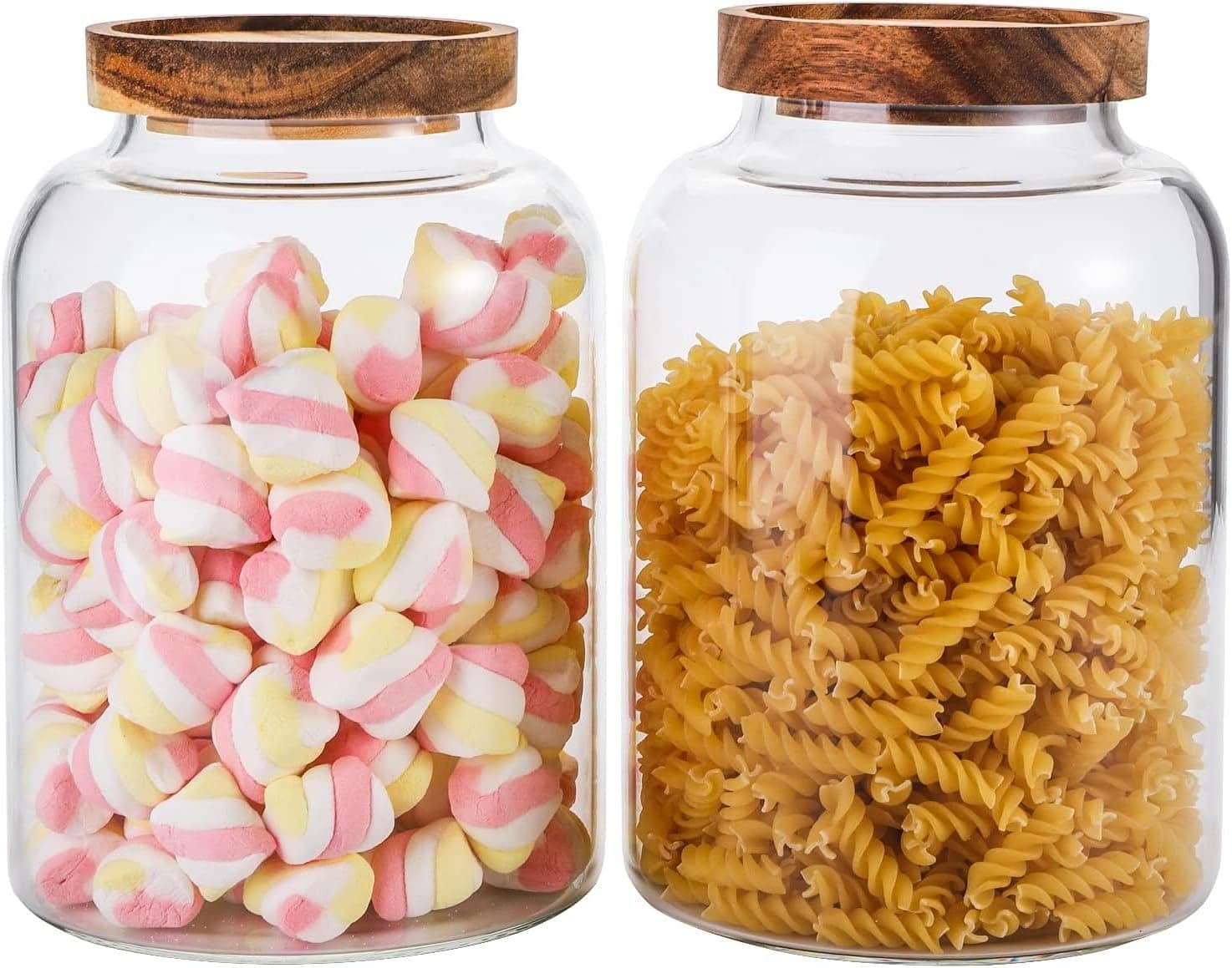Jorunb Glass Storage Jars Set, Glass Storage Jars with Airtight Lids Coffee Beans container with Wooden Lid Clear Glass Pantry Canisters for Kitchen Food Sugar Tea (2000ml*2pcs)