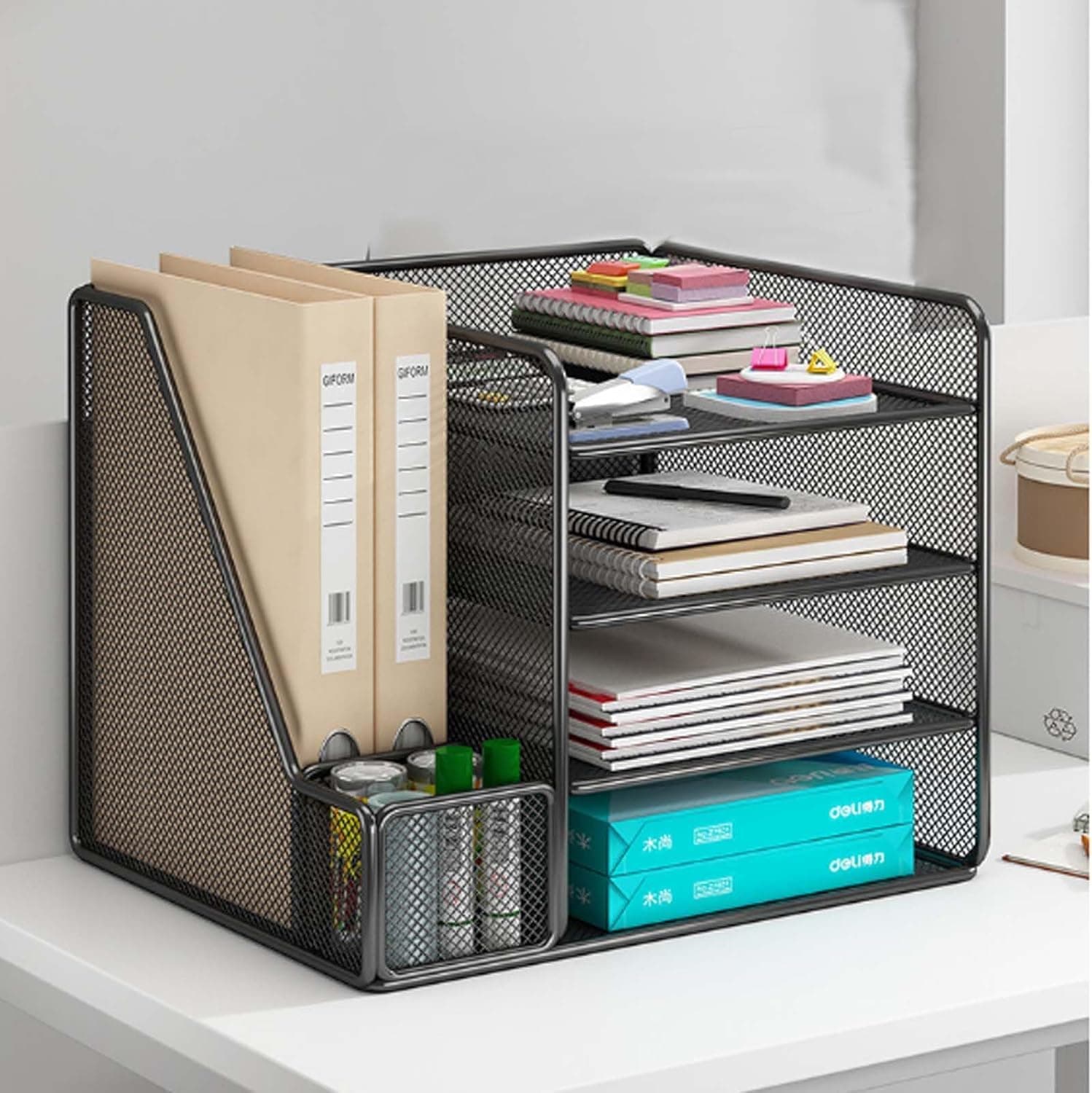 Metal Desk Organizers and Accessories, 4-Tier Paper Letter Tray Organizer with File Holder, Desktop Organizer for Office Supplies, for Office,Home or School,No assembly required(Black)