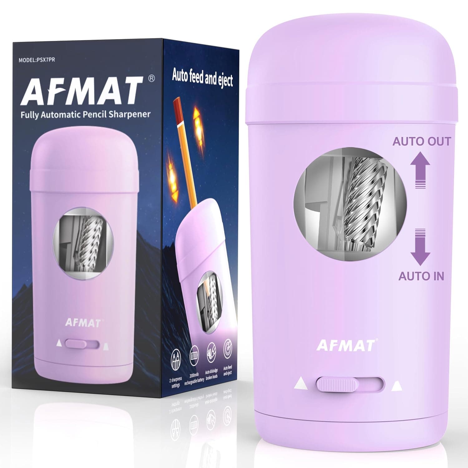 AFMAT Electric Pencil Sharpener, Fully Automatic Pencil Sharpener for 7-8mm Pencils & Colored Pencil, Auto in & Out, Rechargeable Vertical Hands-Free Sharpeners for Classroom/Home/Office PSX7(Purple)