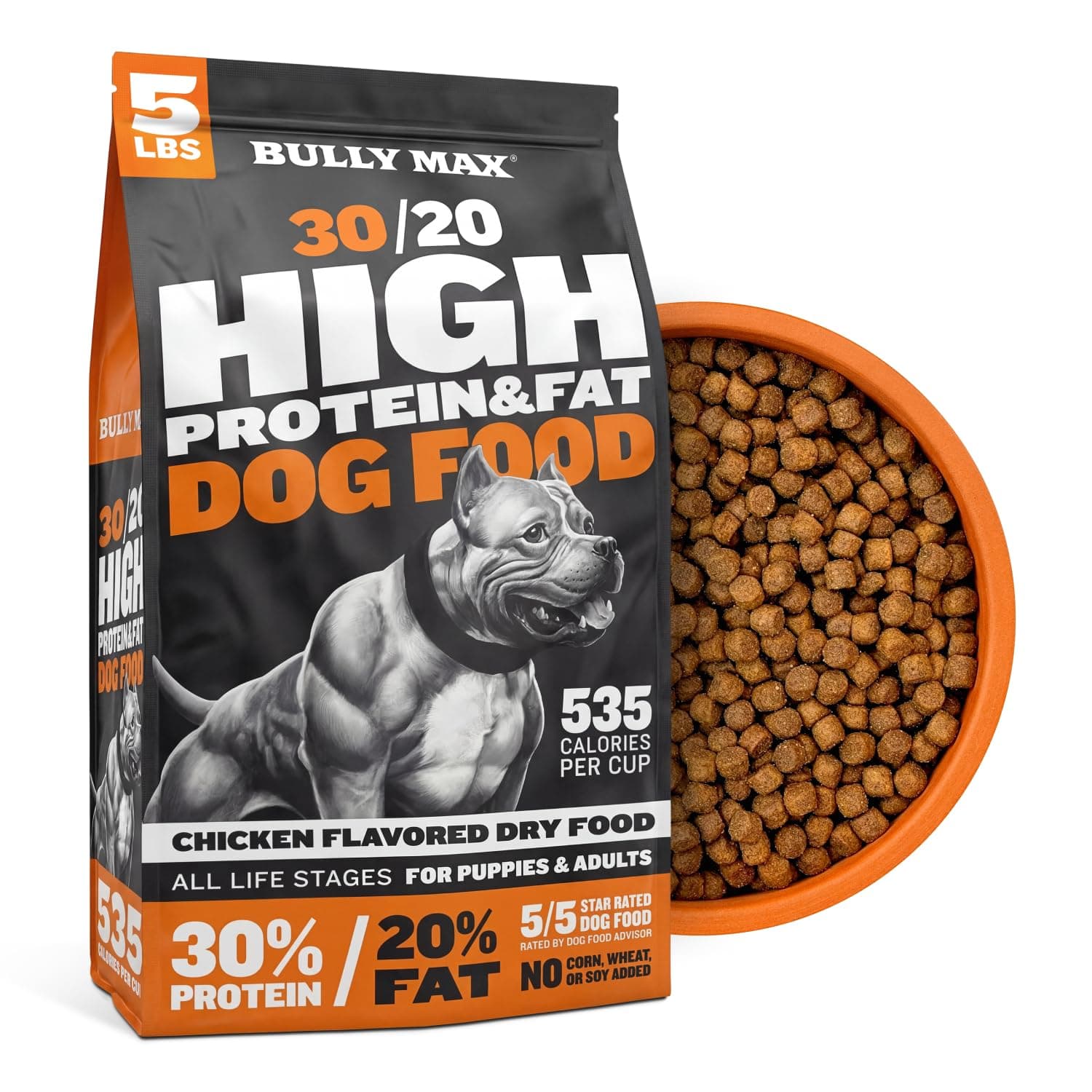 Bully Max High Protein High Calorie Dog Food 30/20 Formula - 535 Cal/Cup for Muscle & Weight Gain - Small & Large Breeds & All Life Stages - No Corn Soy or Wheat, Made in USA, Chicken Flavor, 5 lb Bag