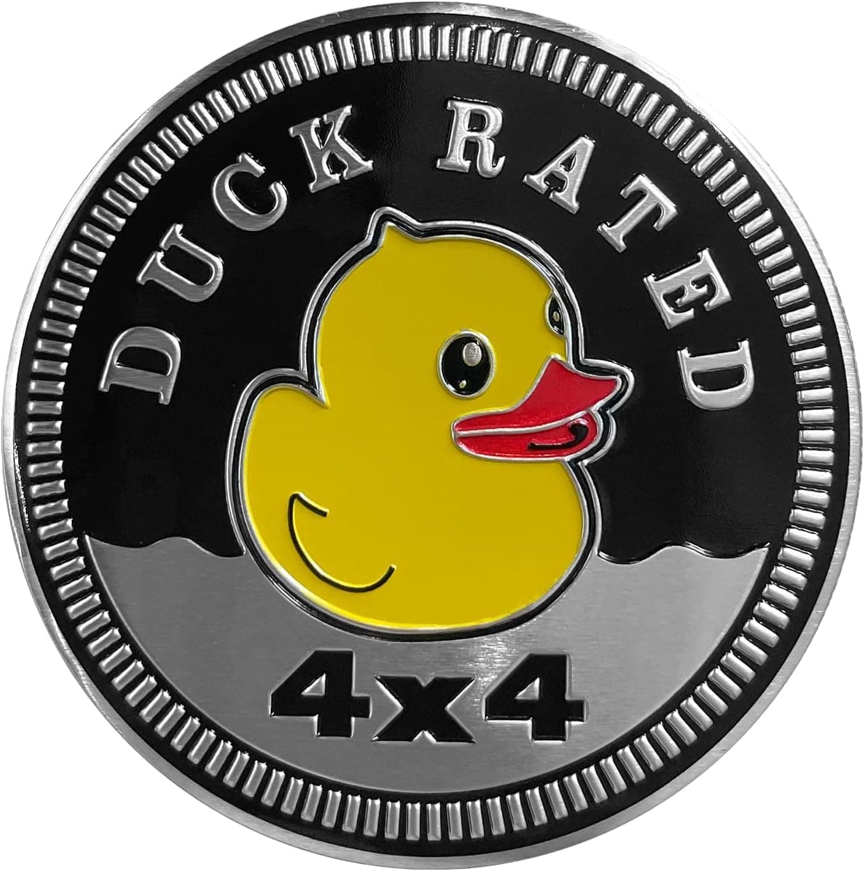 Duck Rated Metal Car Badge Stickers for Je ep Wrangler,Round Auto Car Emblem Sticker 3D,4 x 4Decals, Decorative Sticker for Motorcycle Vehicles Bumpers Trucks,Decals，Metal Automotive Car Badge