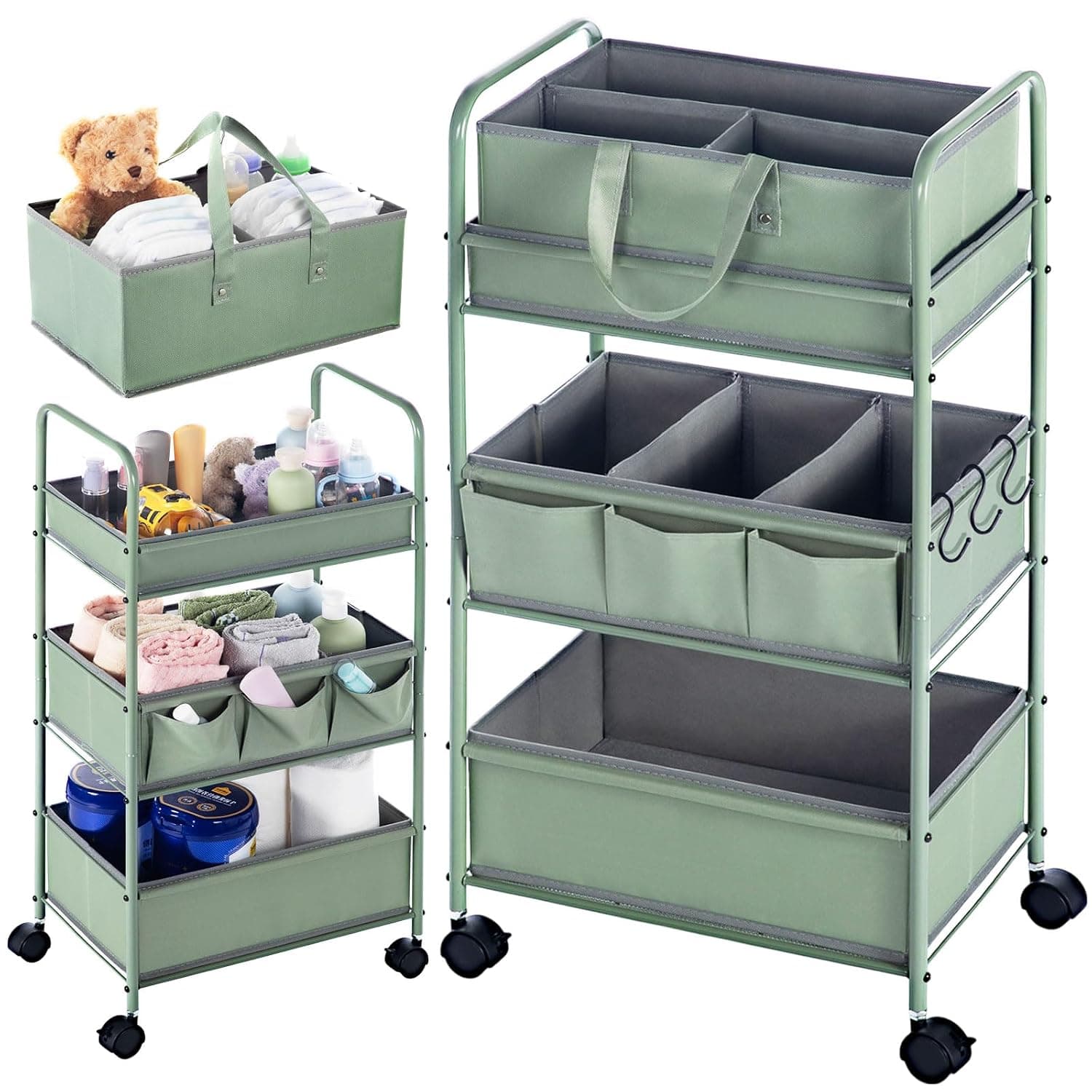 Honeydak 2in1 Baby Diaper Caddy Organizer Cart 3tier Large Capacity Metal Utility Bedside Rolling Cart with Divider for Newborn Nursery Essential Must Have for Crib Bedroom Baby Shower(Green)