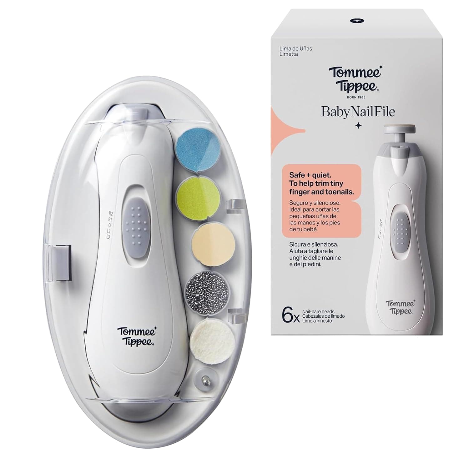 Tommee Tippee Electric Baby Nail File Trimmer, Battery-Powered Infant Nail Clipper with LED Light and Six Filing Heads for Baby and Adult Use