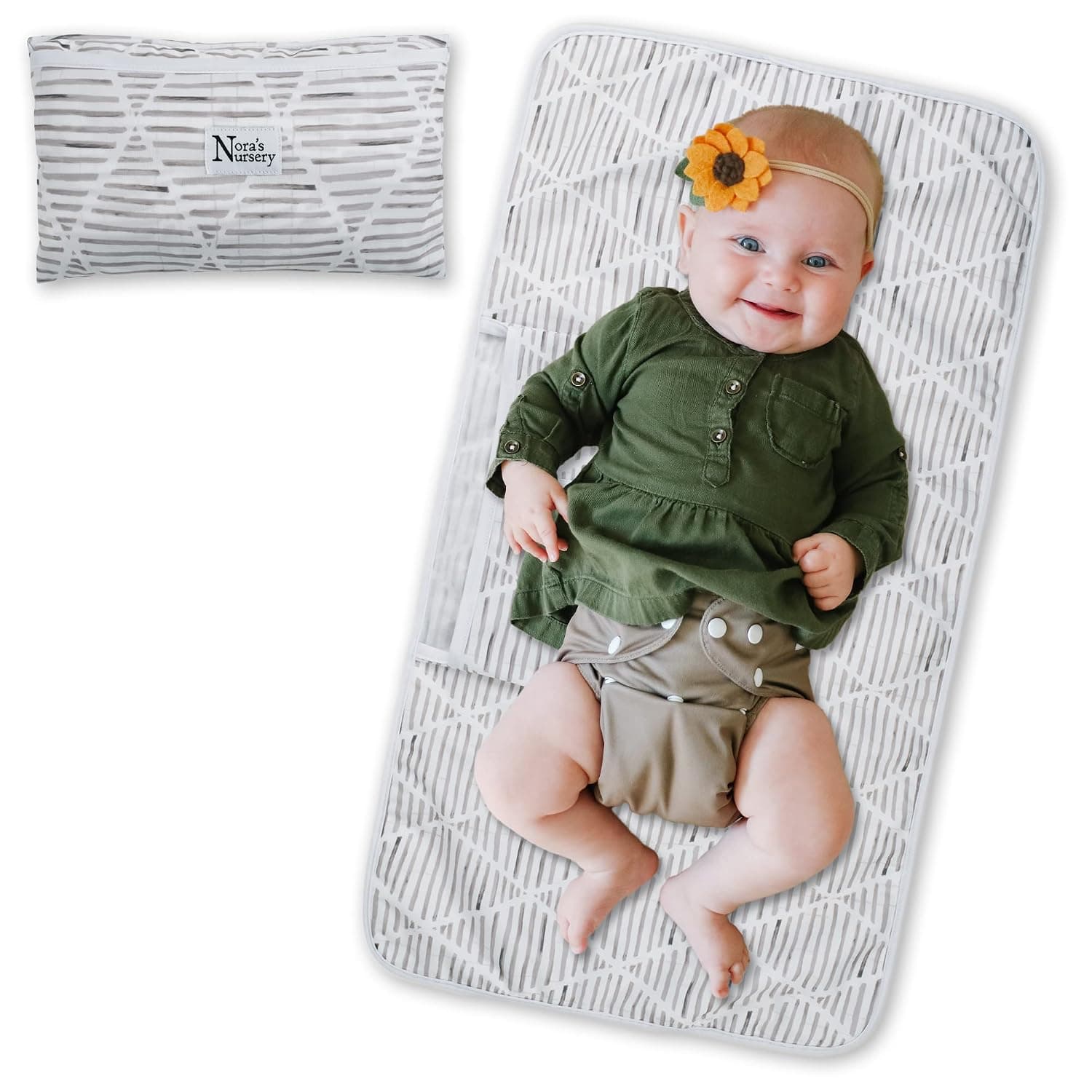 Portable Baby Diaper Changing Pad Mat - Waterproof - Machine Washable - Diaper Bag or Change Table Pad - One-Hand Closure - Great Shower Gifts, Newborn Essentials, Unisex Design by Nora's Nursery