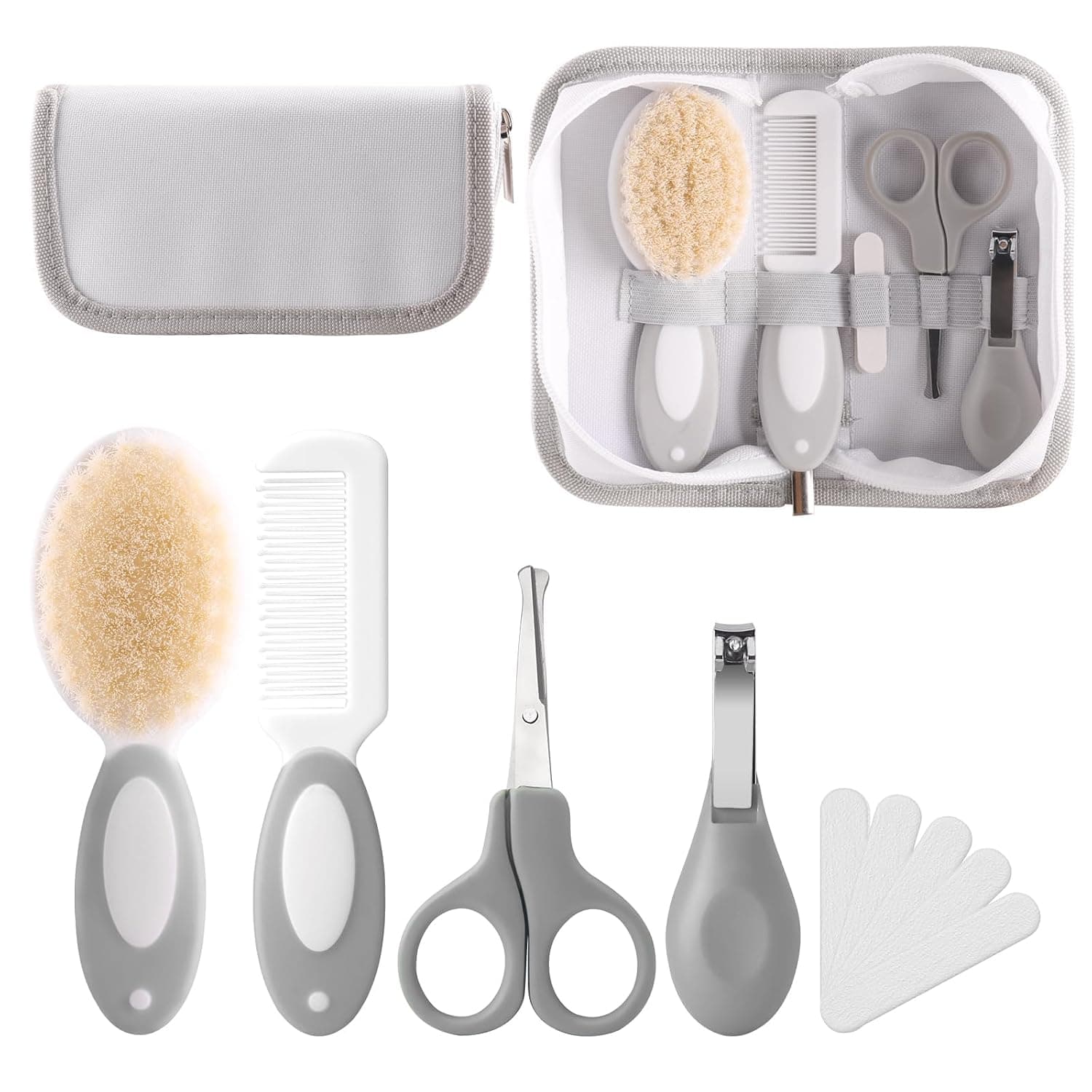 Baby Grooming Kit for Newborn Grooming and Healthcare, Baby Brush and Comb Set with Safety Scissors, Nail Clippers, Emery Board and Gray Storage Pouch for Infants and Toddlers, 5 Pcs