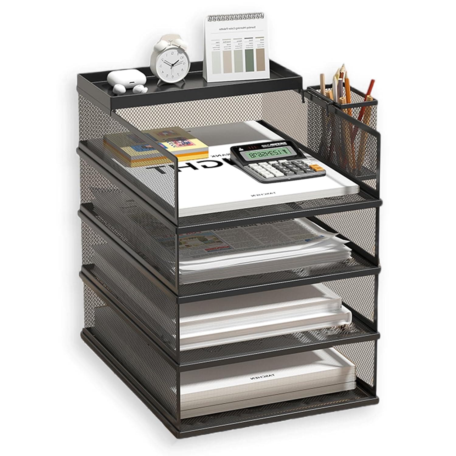 5 Tier Stackable Letter Tray Office Desk Paper Organizer File Trays Desk Holder for Paper Letter Supplies with Pen Holder