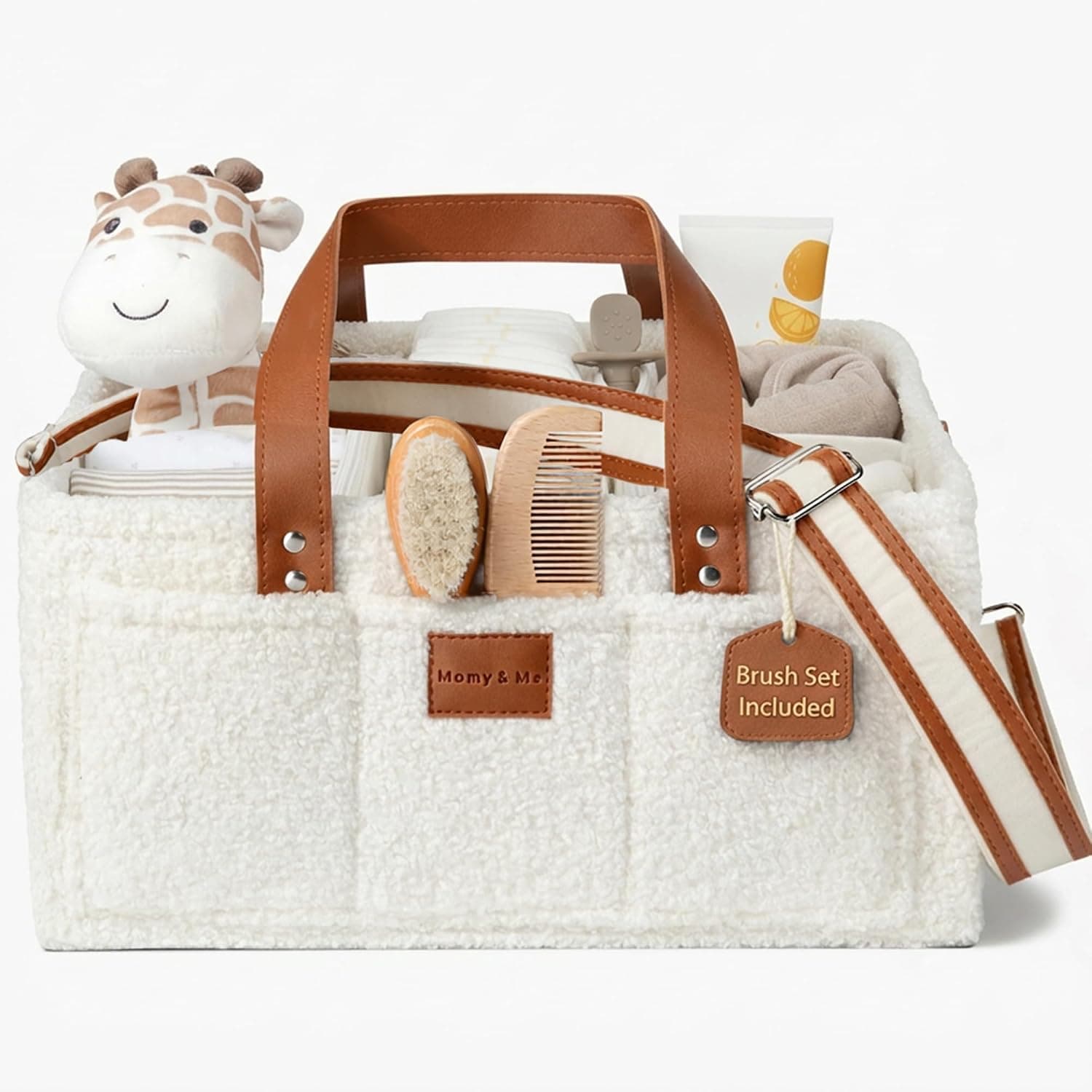 Momy & Me Teddy Velvet Baby Diaper Caddy – Portable Nursery Storage Basket & Car Organizer | Oatmeal Baby Diaper Bag Organizer with Leather Shoulder Strap | Baby Essentials | Baby Bag For Mom