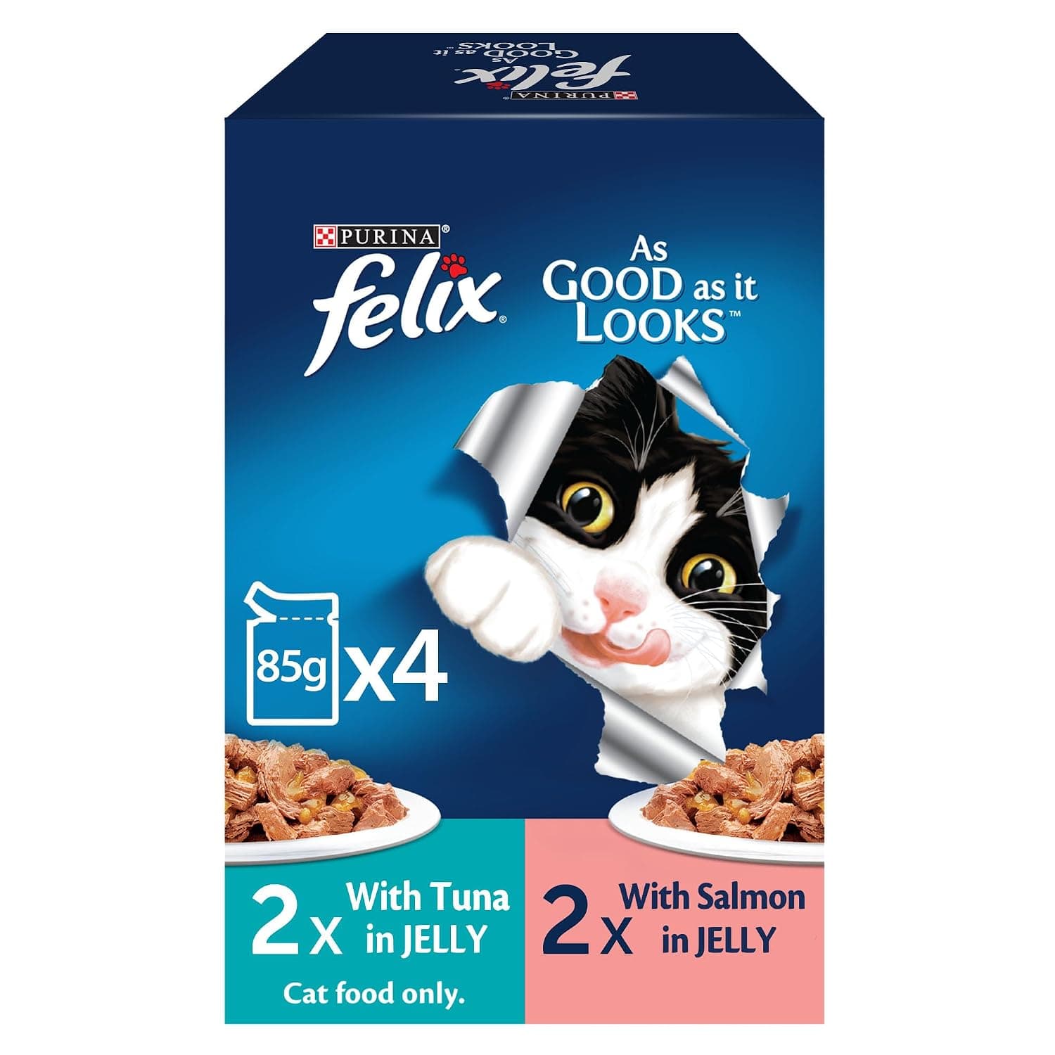 Purina Felix As Good As It Looks Adult cat food in Jelly (2x 85g Tuna Pouches + 2x 85g Salmon Pouches)
