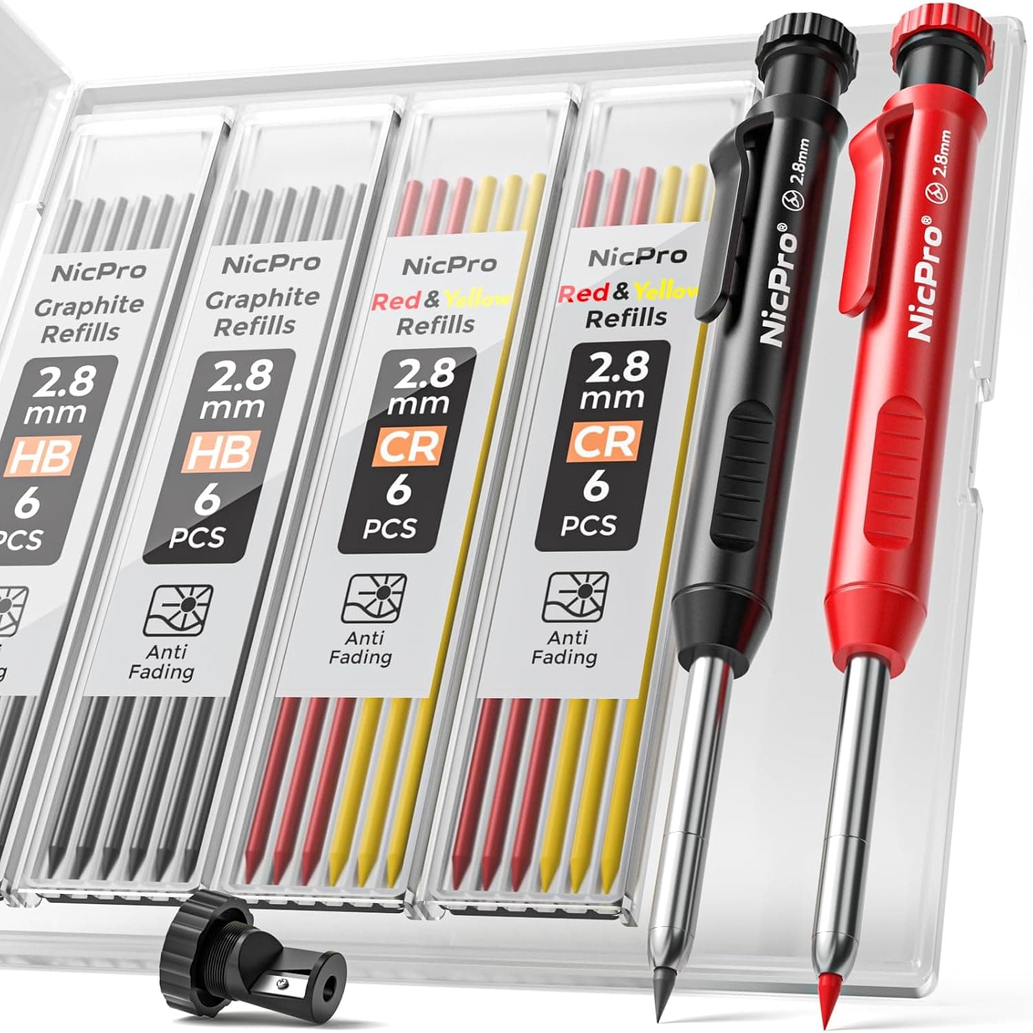 Nicpro Carpenter Pencil with Sharpener, Mechanical Pencil Set 26 Refills, Pencil Case, Deep Hole Marker, Heavy Duty Woodworking Leads, Carpenter Tools (Black, Red)