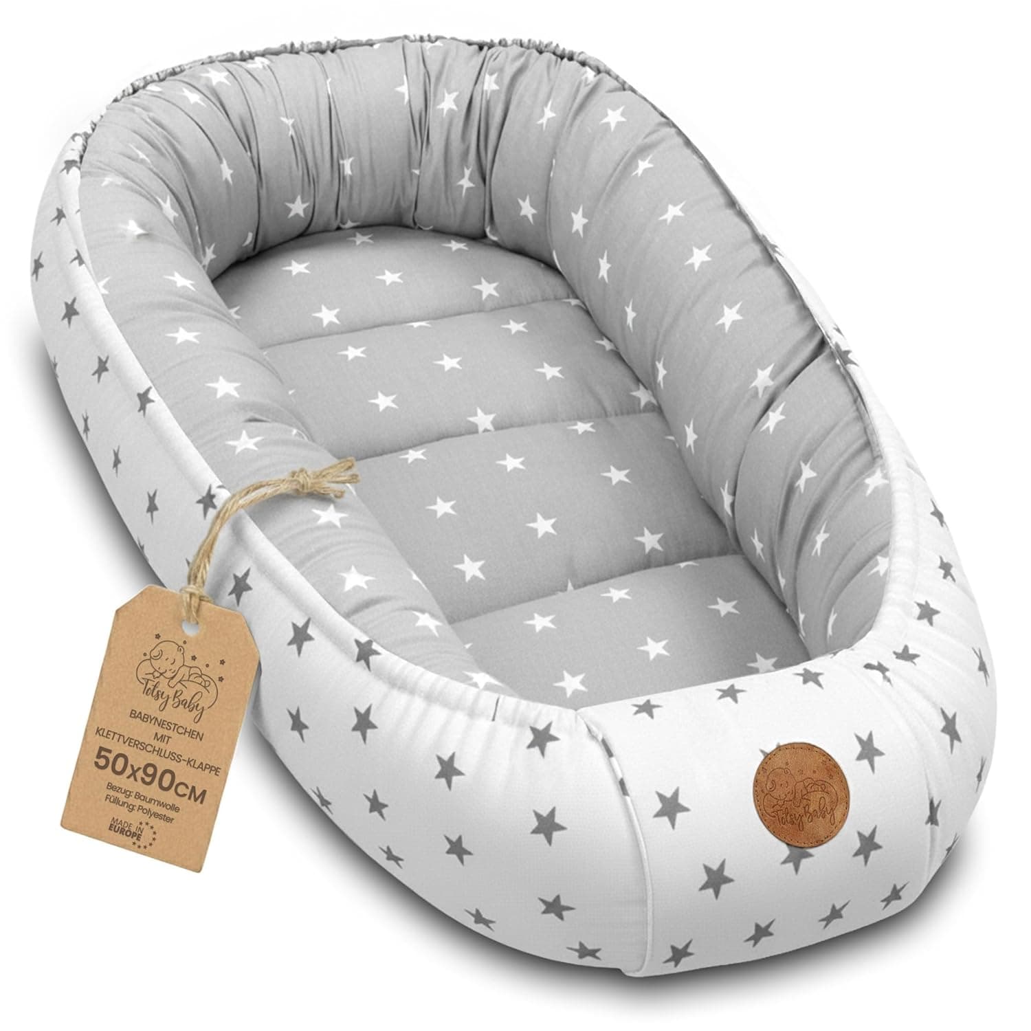 Baby nest babynest for newborns 90 x 50 cm - portable baby nest for bed children cuddle nest cocoon for boys and girls Asterisk Grey-White
