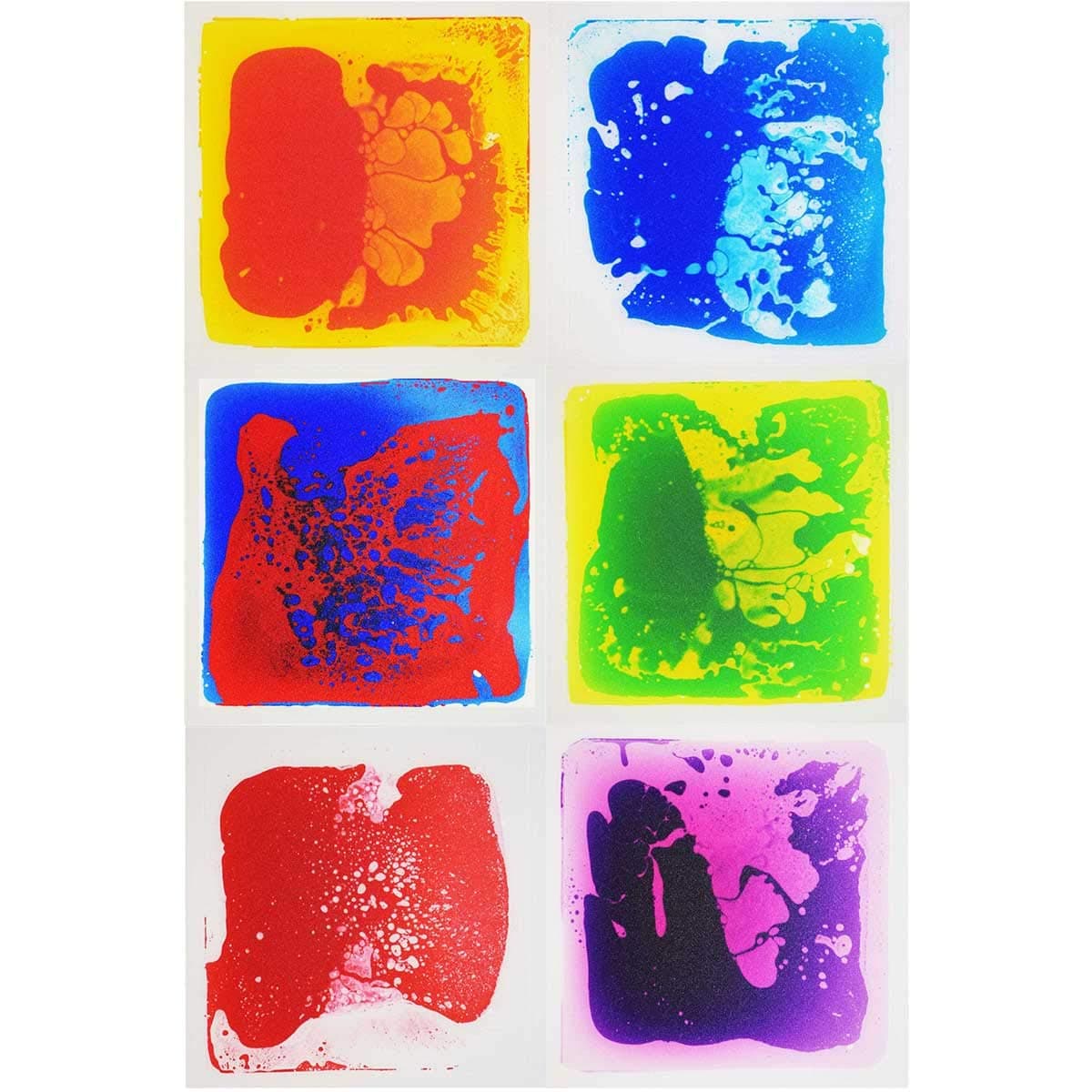 LONGKING Six (6) Assorted Color 12 Inch X 12 Inch Liquid Floor Tile - Yellow and Orange, Yellow and Green, Red and Blue, Purple, Red, Blue | Sensory floor tiles, soft liquid gel, 12"x12", color movement play mat, playroom classroom daycare, 6-pack