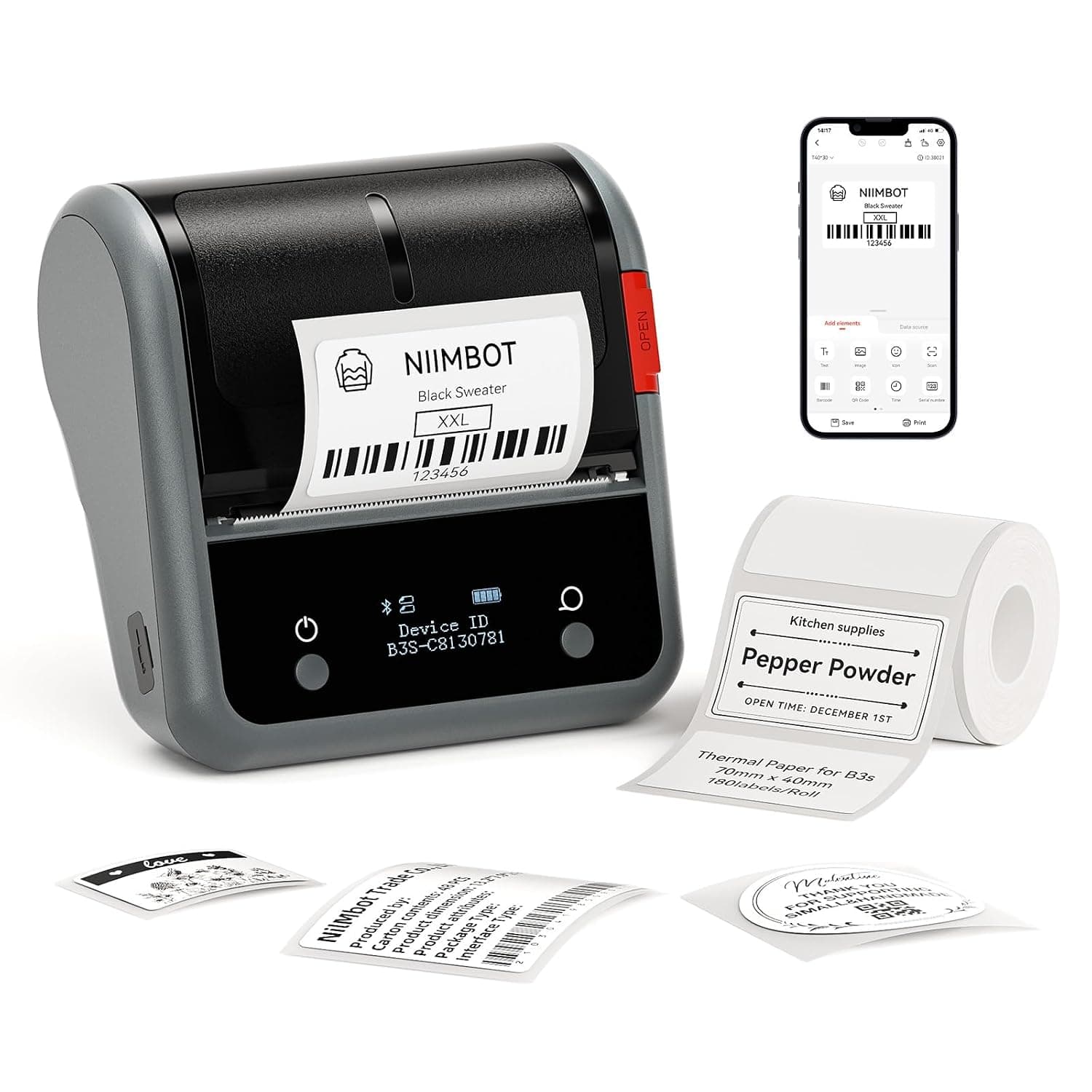 NIIMBOT B3S Label Maker Machine, 3 Inch Thermal Label Printer, Portable Label Maker with 1 Roll 70x40mm Label, Bluetooth Label Makers for Address, Mailing, Barcode & Small Business