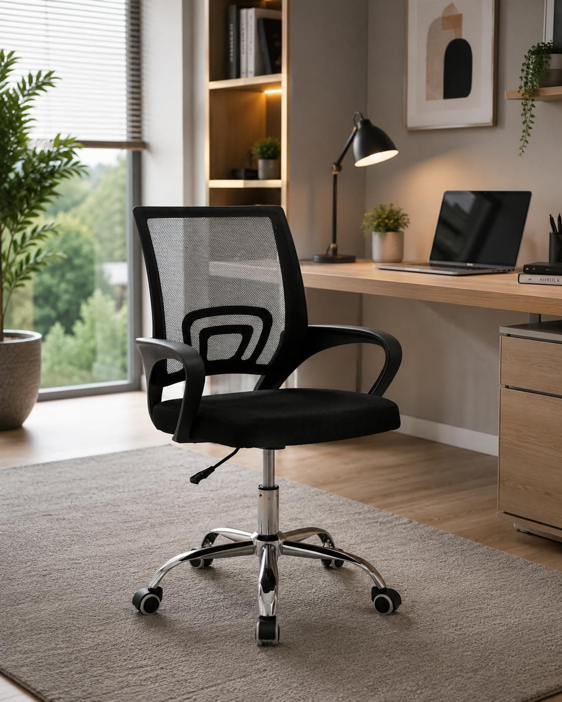 Ergonomic Mesh Back Office Chair with Padded Seat and Fixed Hand Rests - Adjustable Height and Sturdy Metal Base with Swivel Wheels - Sizes: width 59cm, height adjustable from 60cm to 70cm