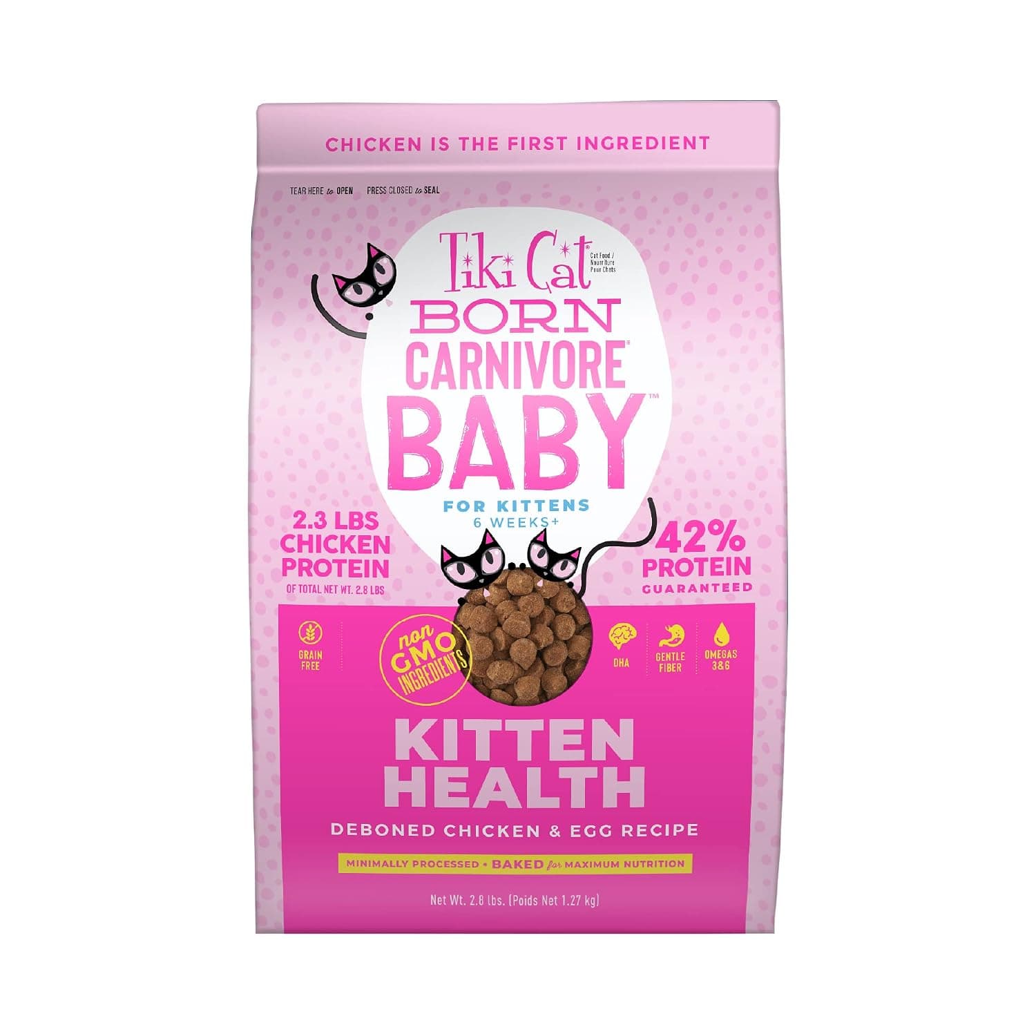Tiki Cat Born Carnivore Baby, Chicken & Egg, 2.8 lbs Bag | Kitten Formula, Crunchy Kibble, High Protein From Real Chicken and Egg, DHA and Omegas, Minimally Processed