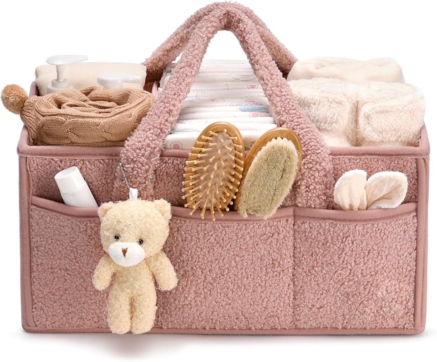 Baby Diaper Caddy Organizer for Changing Table, Baby Storage Basket for Diapers and Baby Wipes, Gift for Baby Shower, Car Caddy Organizer (Pink)