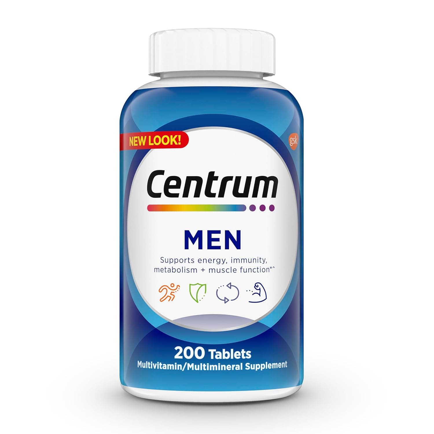 centrum Multivitamin for Men, Multivitamin/Multimineral Supplement with Vitamin D3, B Vitamins and Antioxidants, Gluten Free, Non-GMO Ingredients 200 Tablets