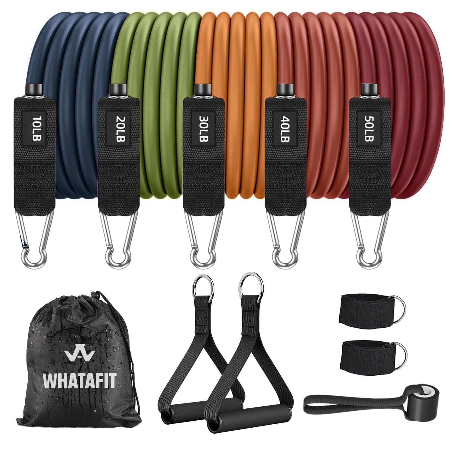 Whatafit Resistance Bands Set (11pcs), Exercise Bands with Door Anchor, Handles, Carry Bag, Legs Ankle Straps for Resistance Training, Physical Therapy, Home Workouts | Durable Stretch Bands With Soft Grips, Suitable For Strength Exercise, Yoga And Daily Home Gym Fitness Training